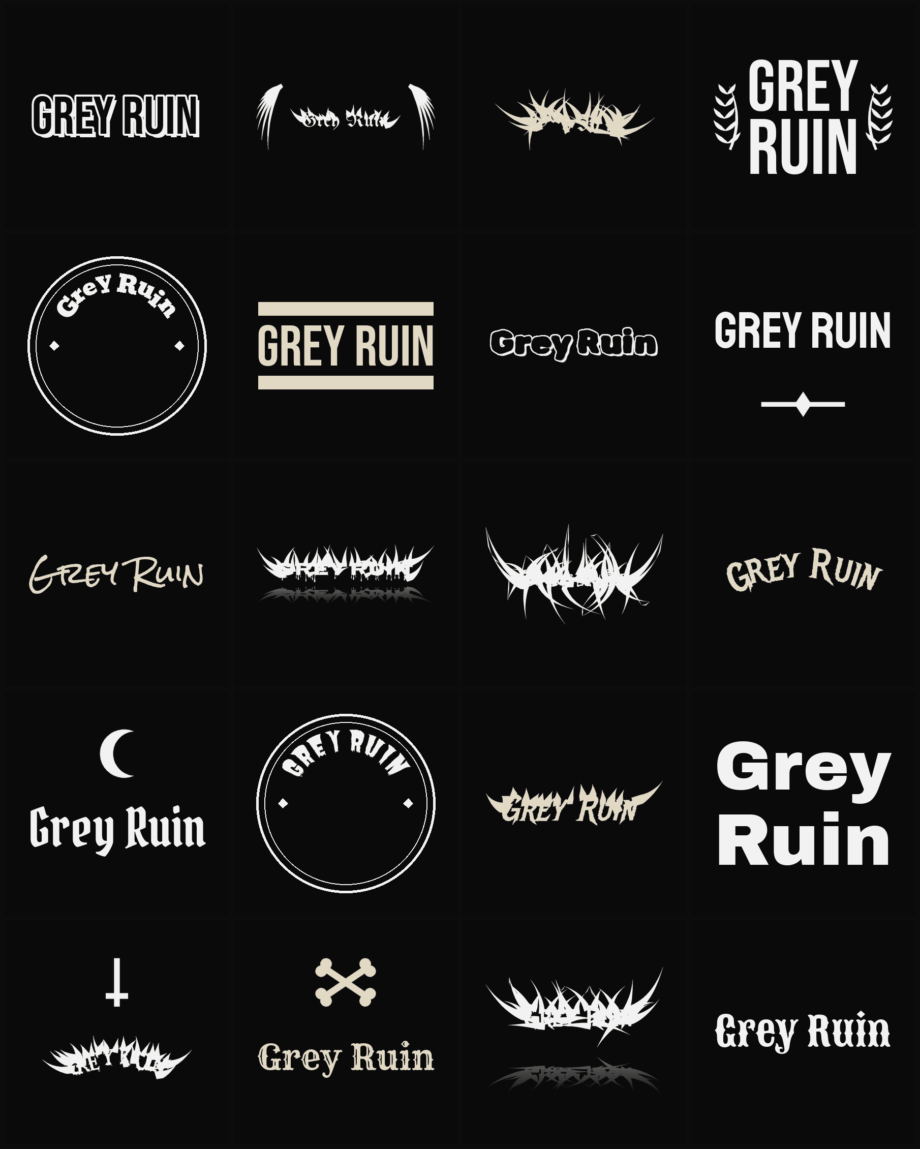Twenty Grey Ruin band logo ideas — different faces, treatments and spike settings