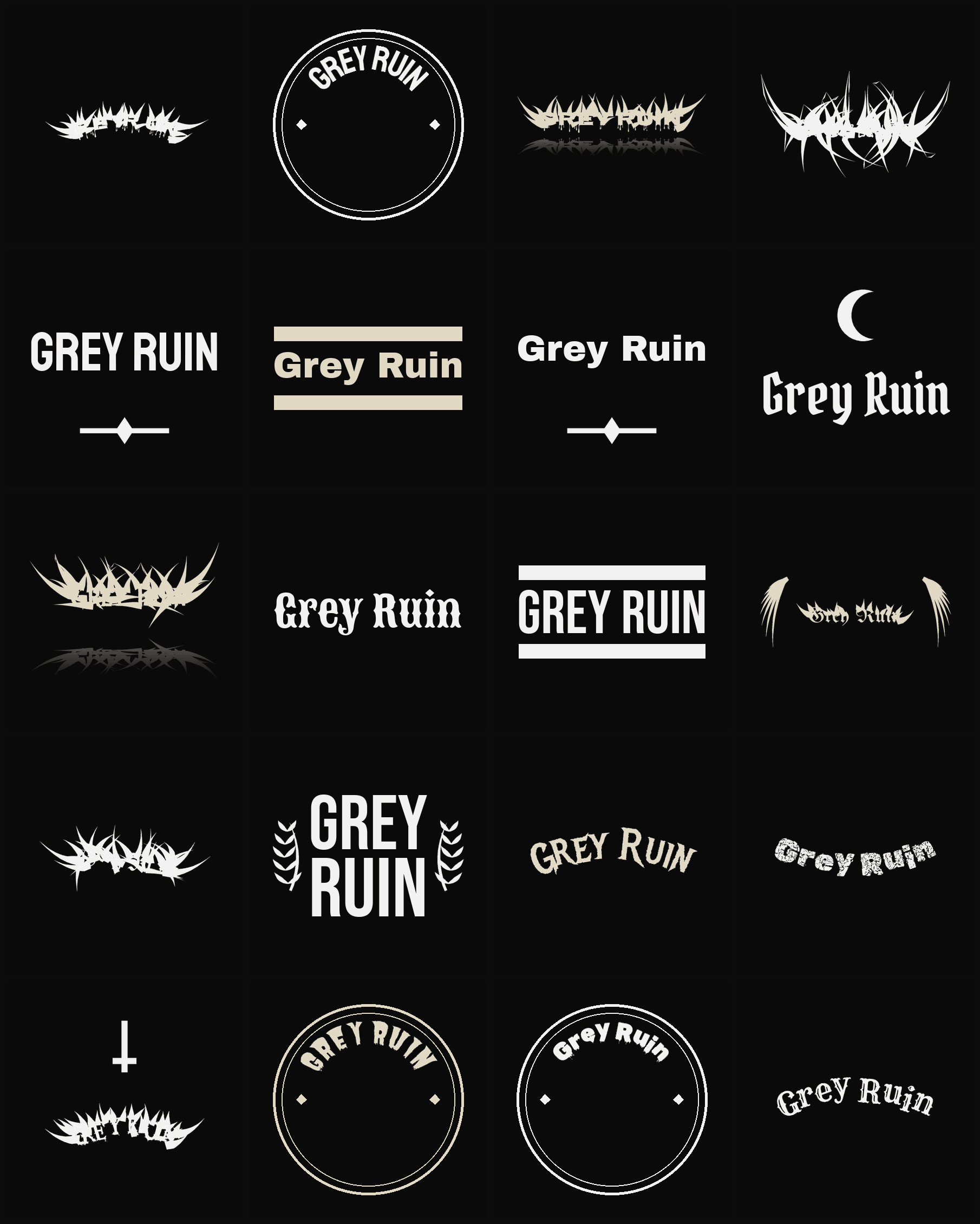 Twenty Grey Ruin band logo ideas — different faces, treatments and spike settings