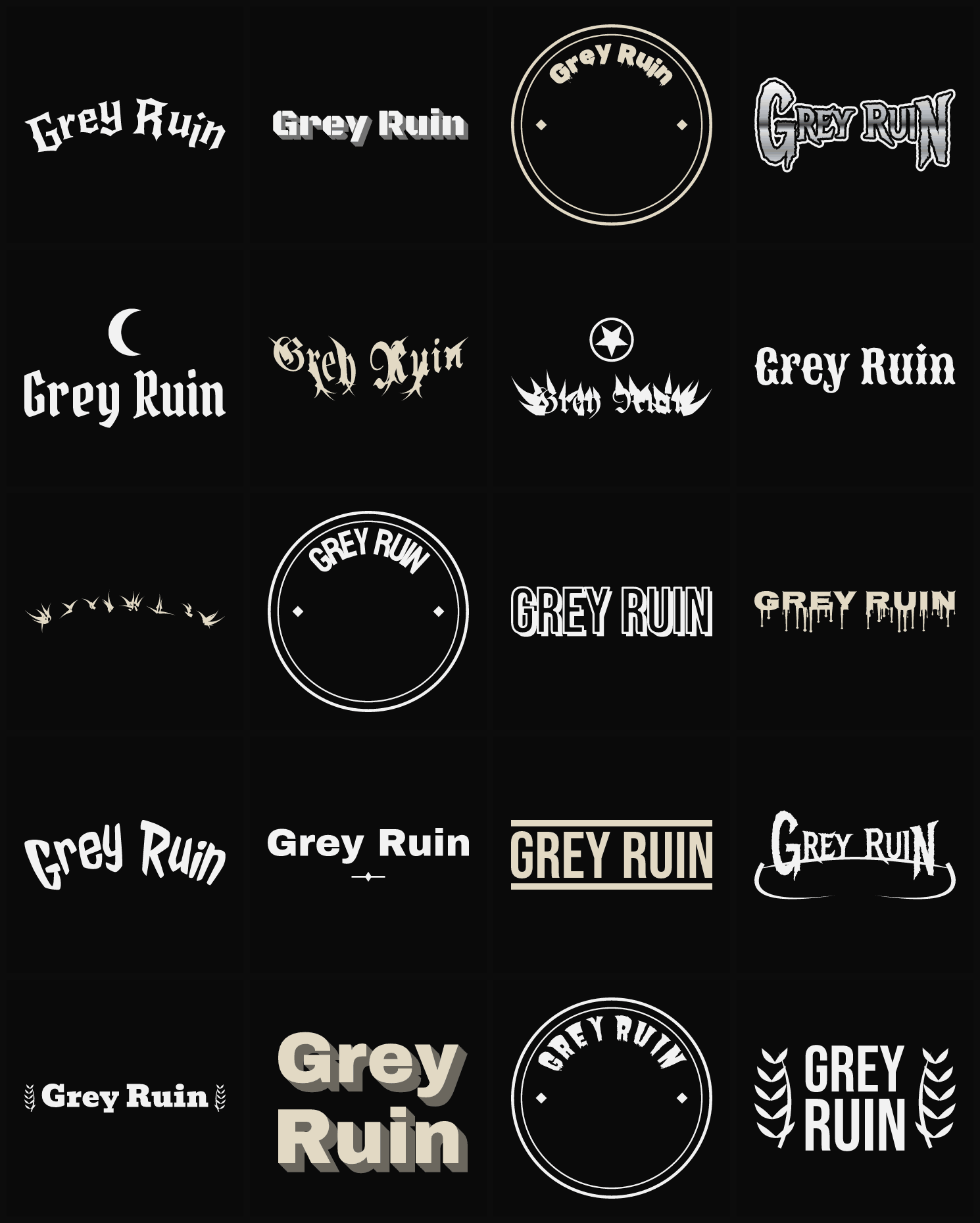 Twenty Grey Ruin band logo ideas — different faces, treatments and spike settings