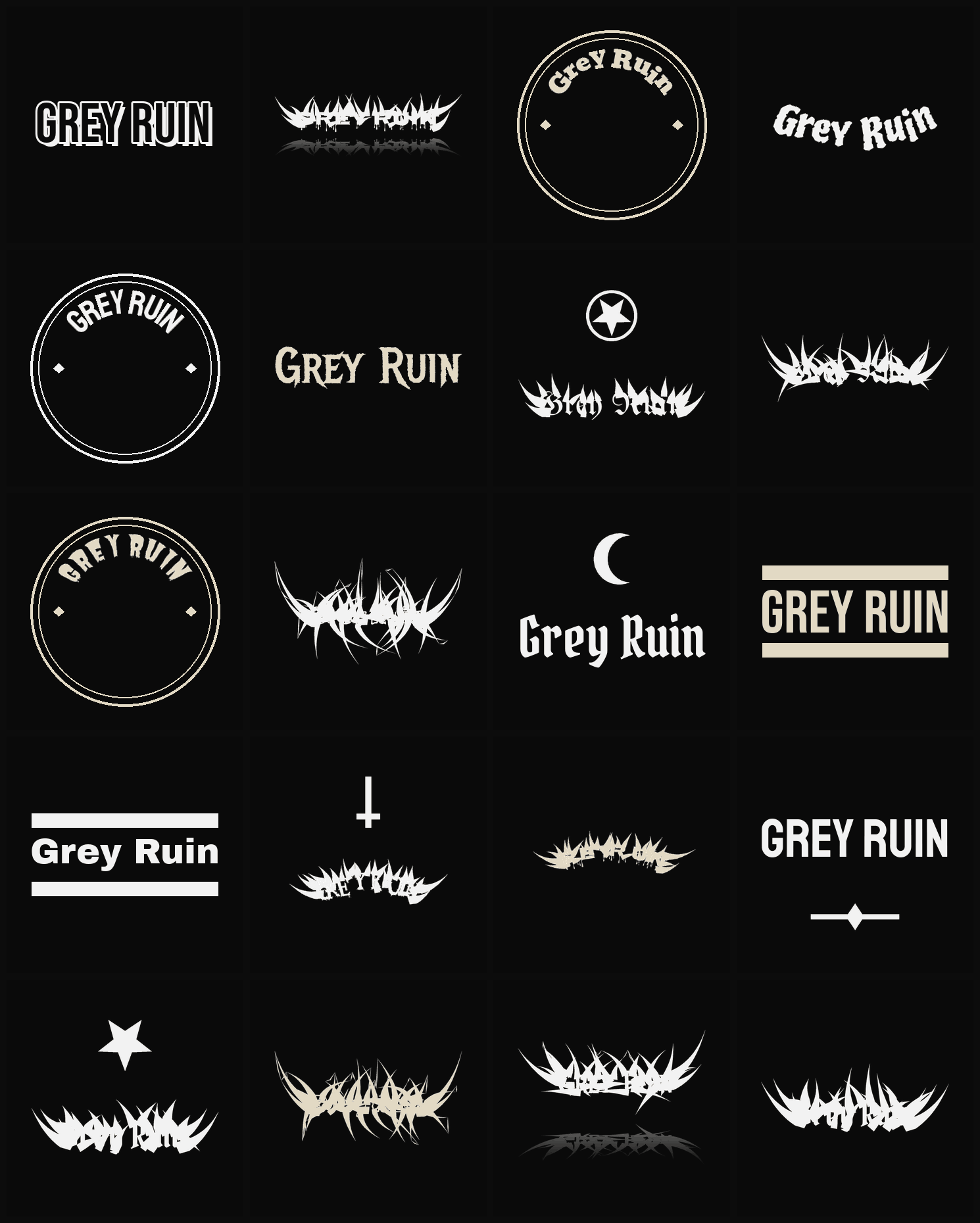Twenty Grey Ruin band logo ideas — different faces, treatments and spike settings