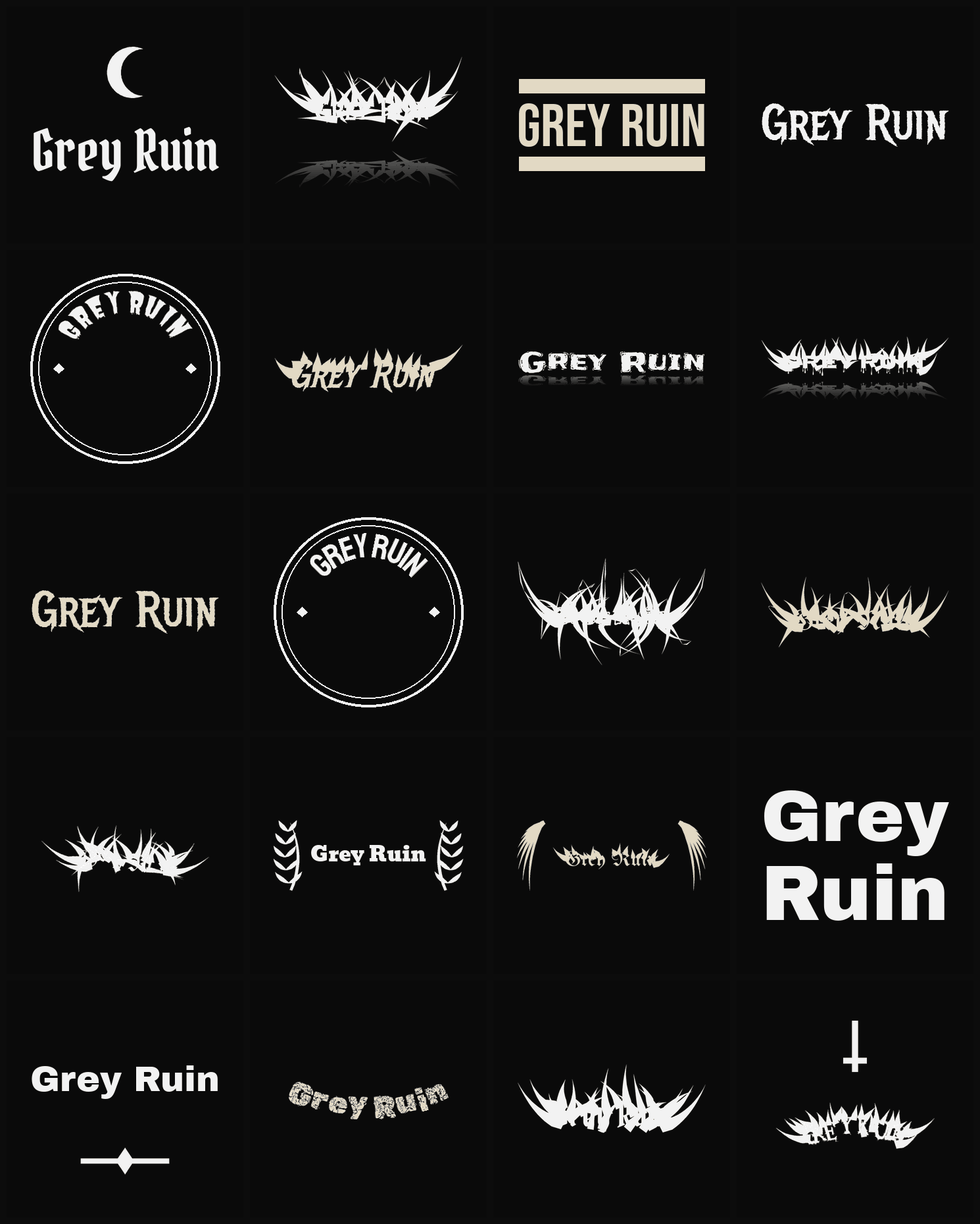 Twenty Grey Ruin band logo ideas — different faces, treatments and spike settings