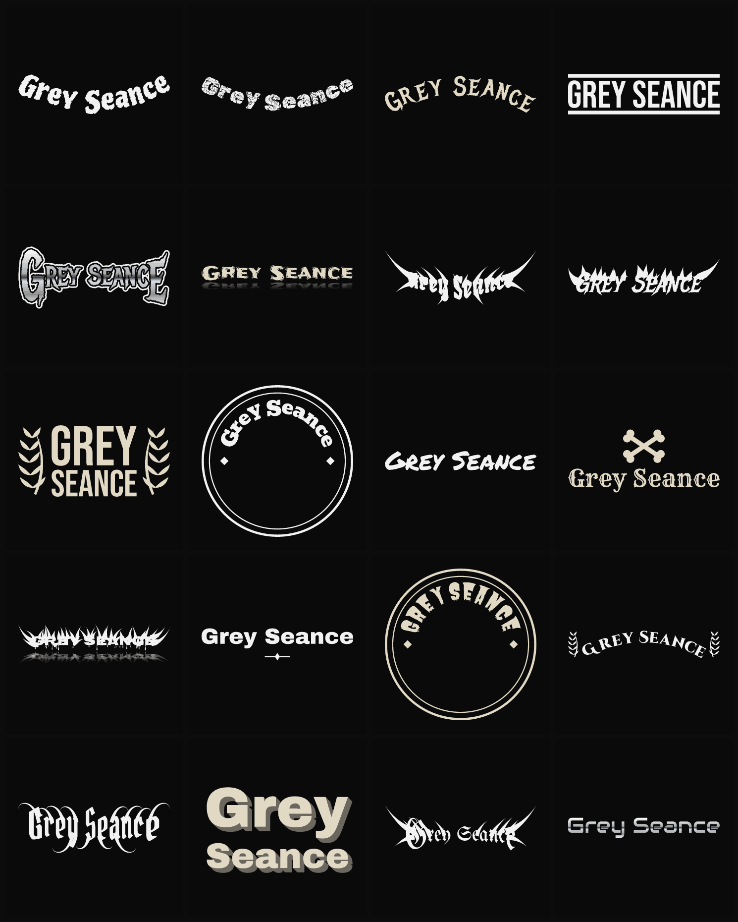 Twenty Grey Seance band logo ideas — different faces, treatments and spike settings