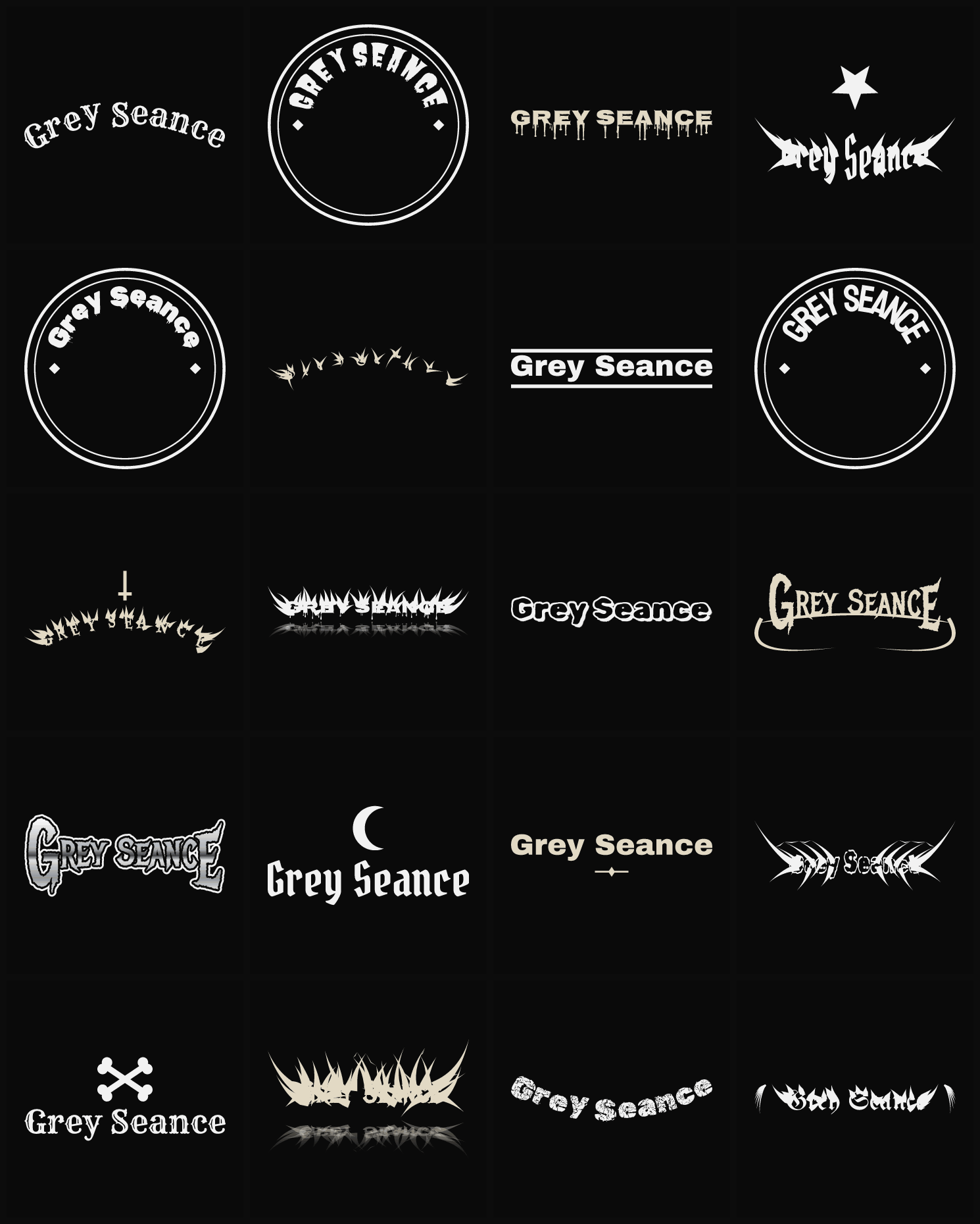 Twenty Grey Seance band logo ideas — different faces, treatments and spike settings