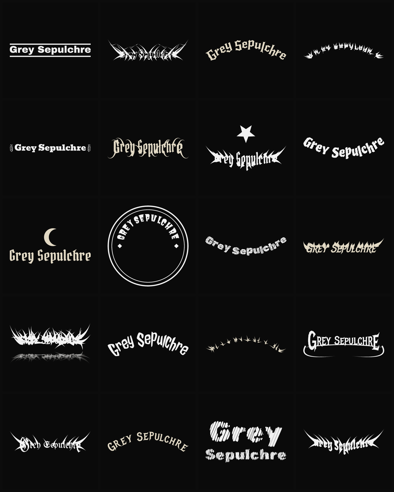Twenty Grey Sepulchre band logo ideas — different faces, treatments and spike settings