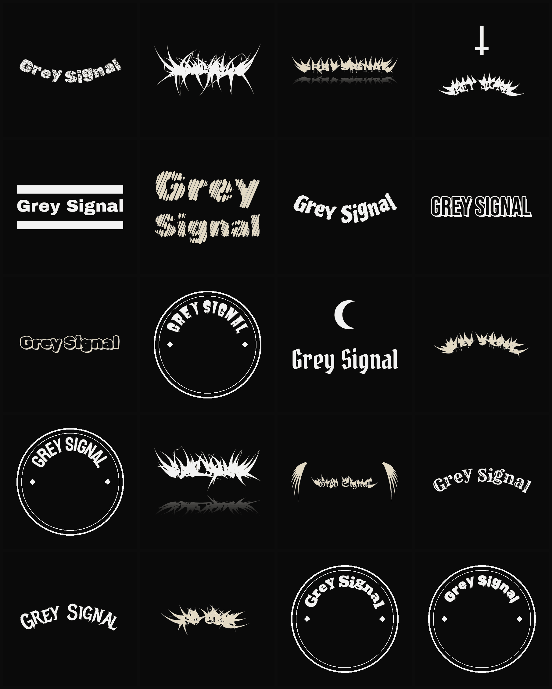 Twenty Grey Signal band logo ideas — different faces, treatments and spike settings
