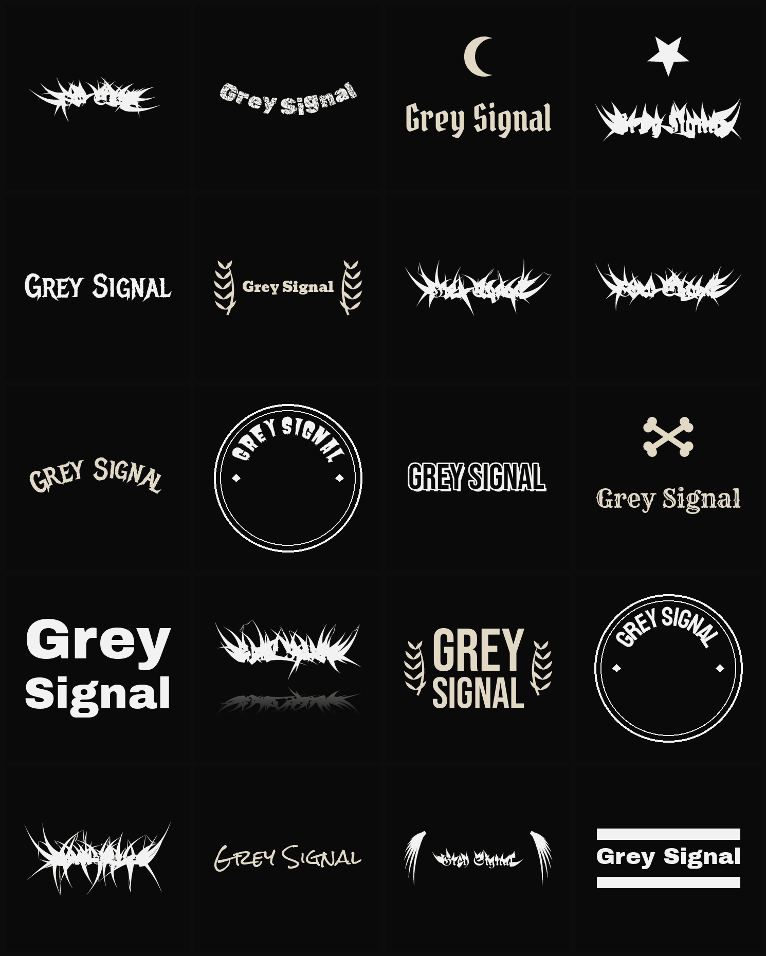 Twenty Grey Signal band logo ideas — different faces, treatments and spike settings