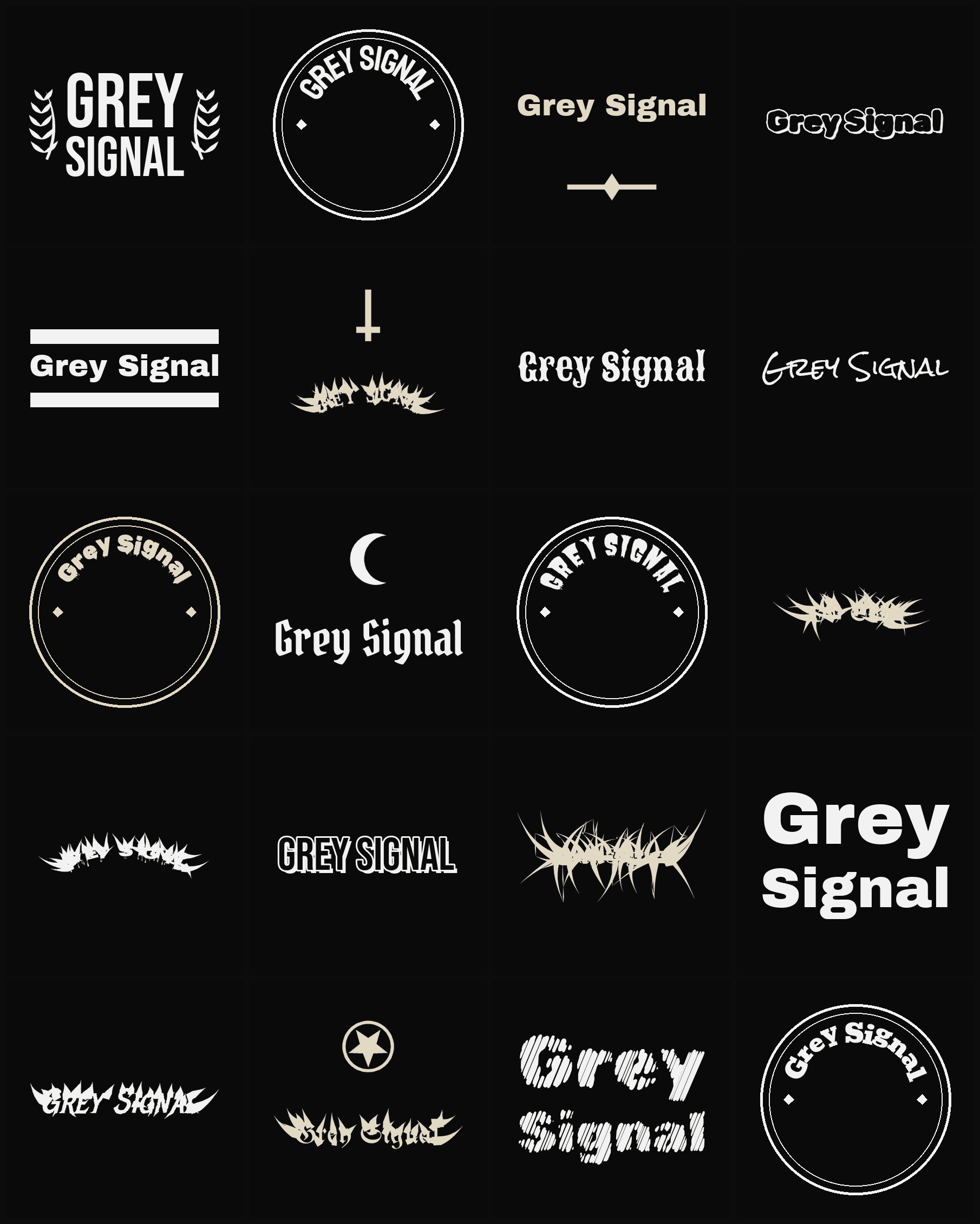 Twenty Grey Signal band logo ideas — different faces, treatments and spike settings