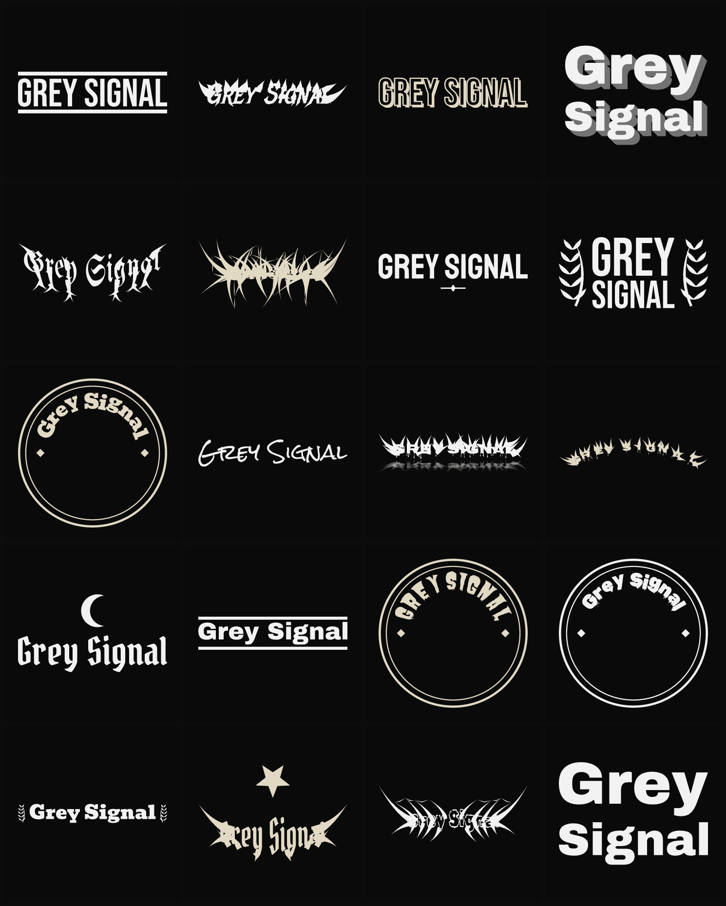 Twenty Grey Signal band logo ideas — different faces, treatments and spike settings