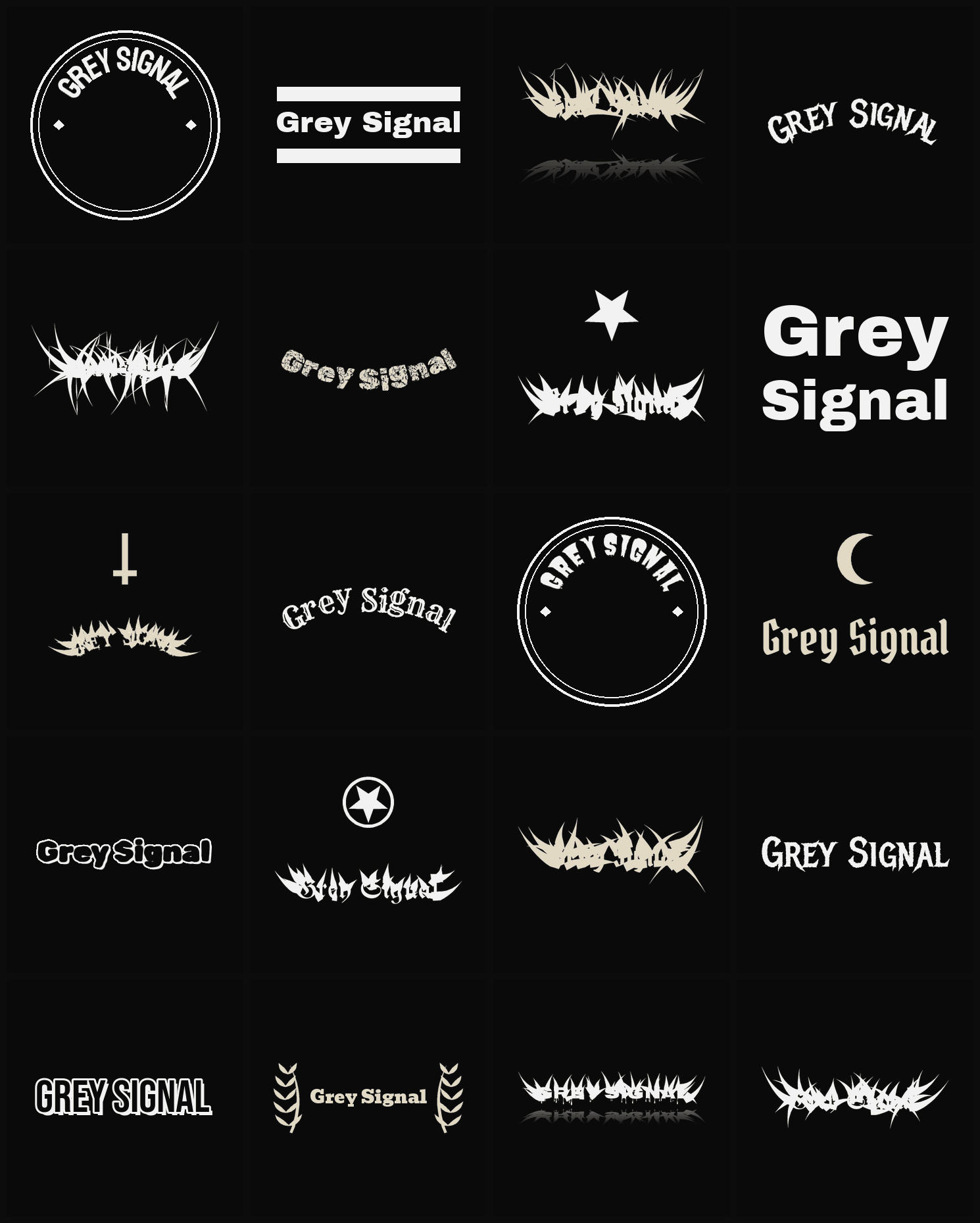 Twenty Grey Signal band logo ideas — different faces, treatments and spike settings