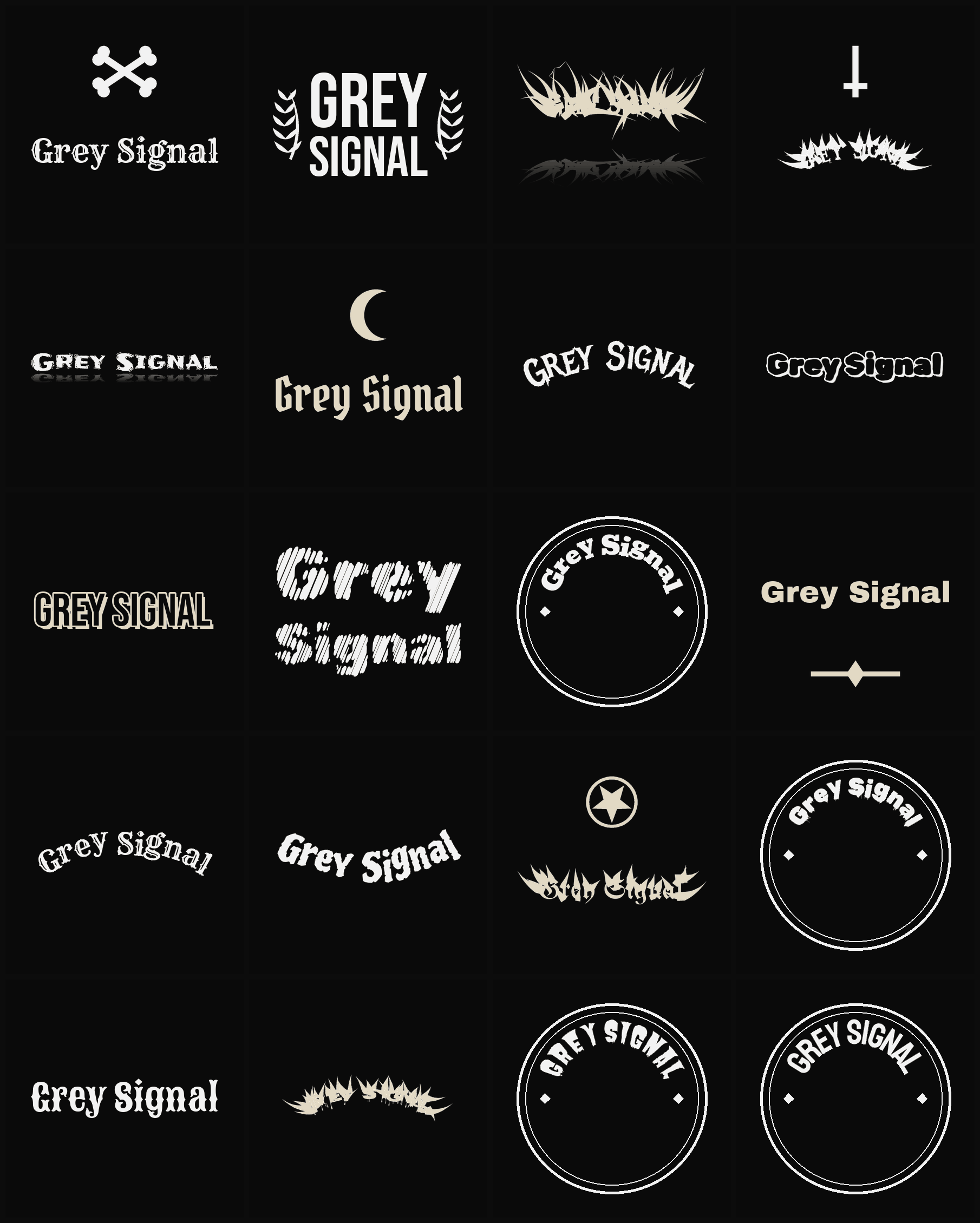 Twenty Grey Signal band logo ideas — different faces, treatments and spike settings