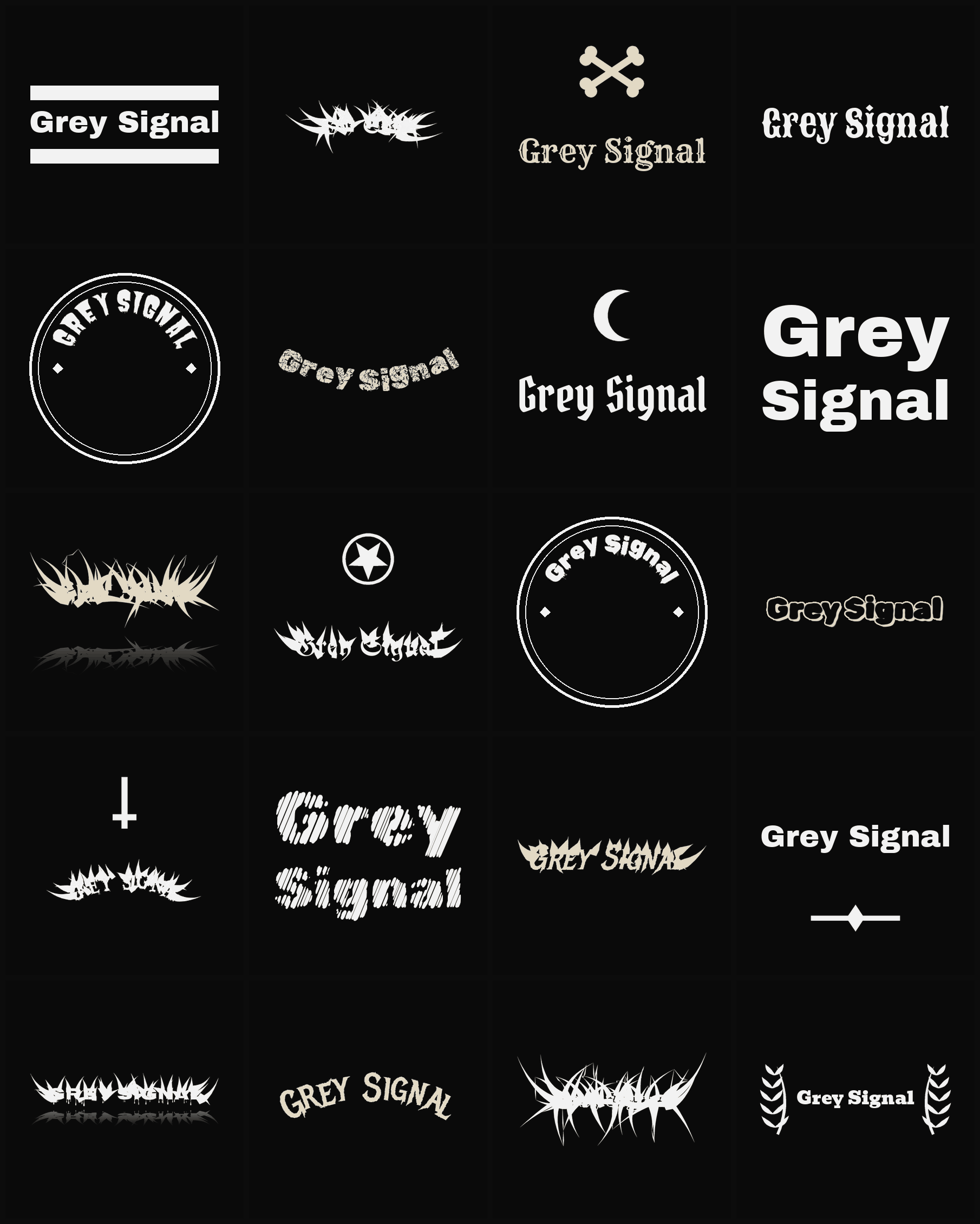 Twenty Grey Signal band logo ideas — different faces, treatments and spike settings
