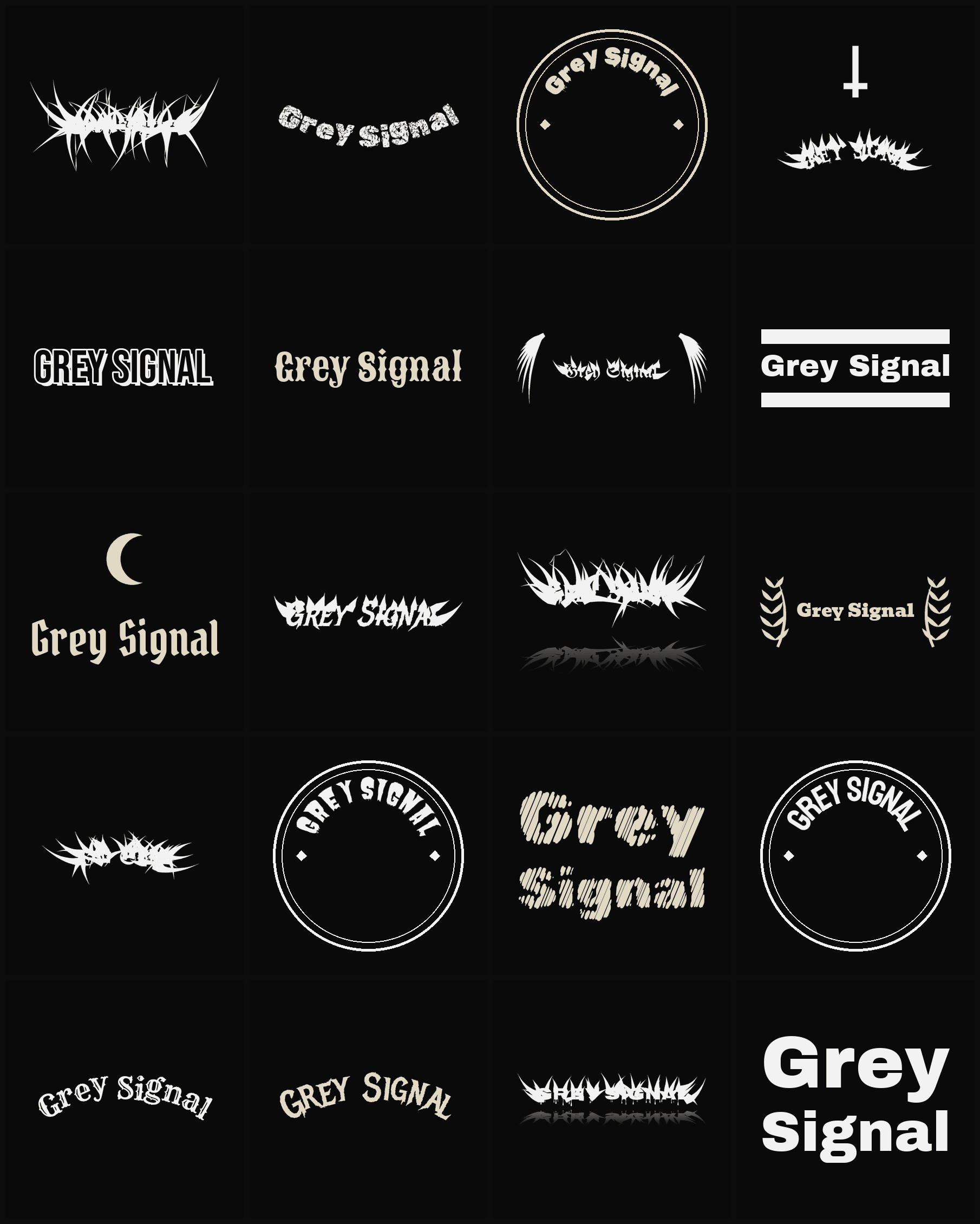 Twenty Grey Signal band logo ideas — different faces, treatments and spike settings