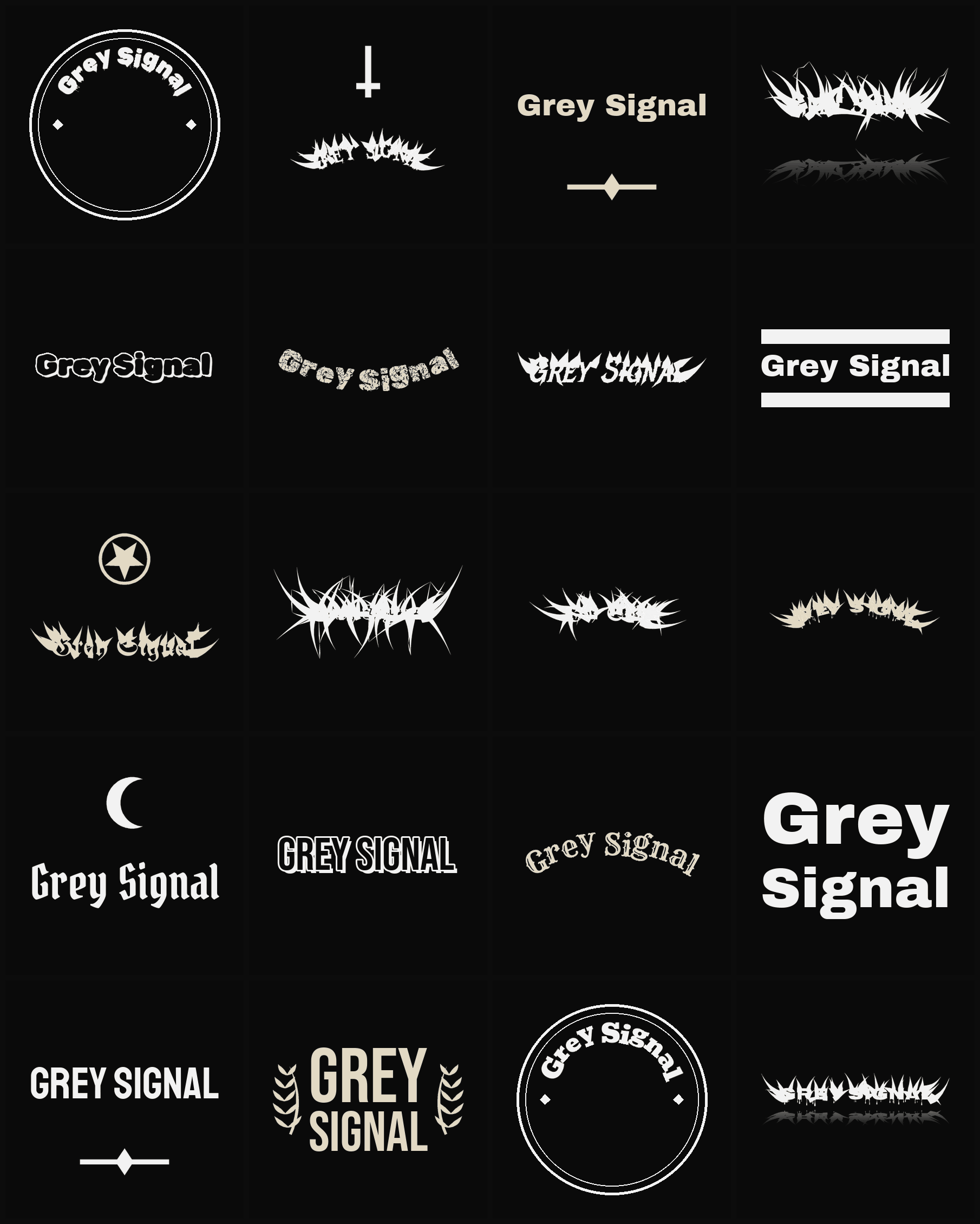 Twenty Grey Signal band logo ideas — different faces, treatments and spike settings