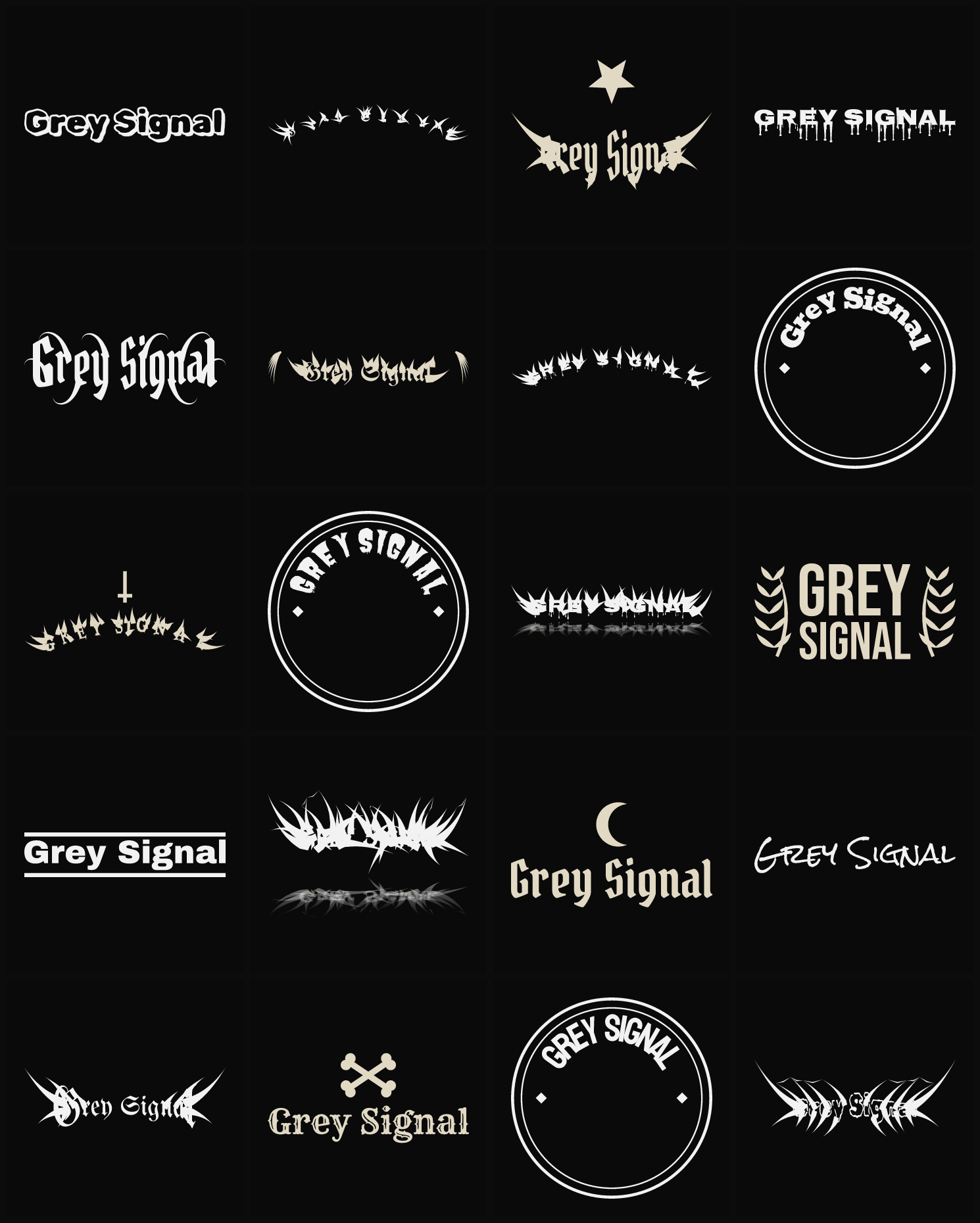 Twenty Grey Signal band logo ideas — different faces, treatments and spike settings
