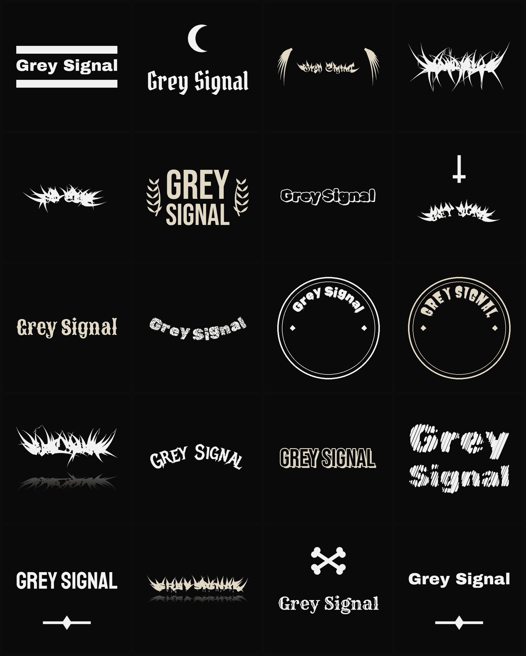 Twenty Grey Signal band logo ideas — different faces, treatments and spike settings