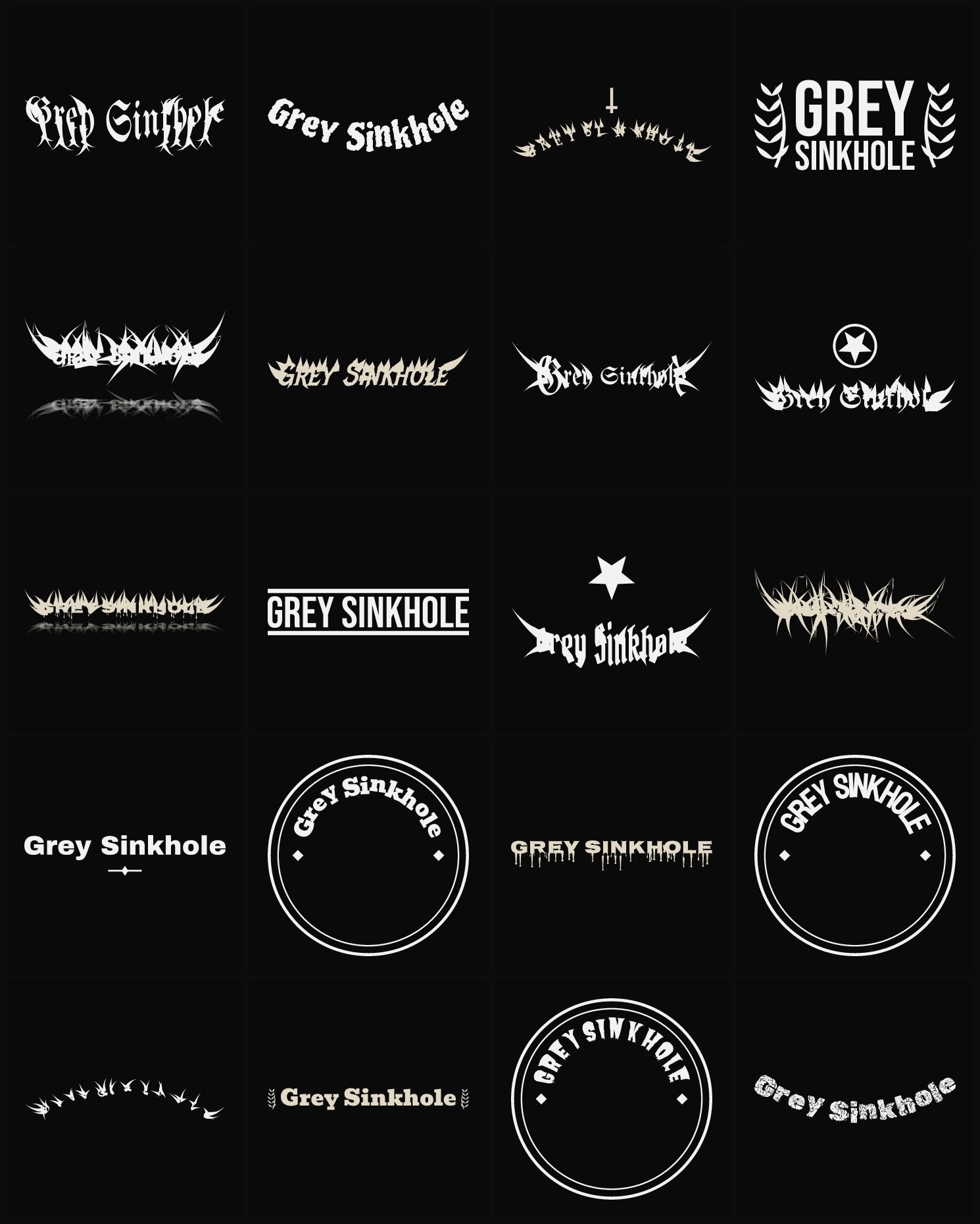 Twenty Grey Sinkhole band logo ideas — different faces, treatments and spike settings