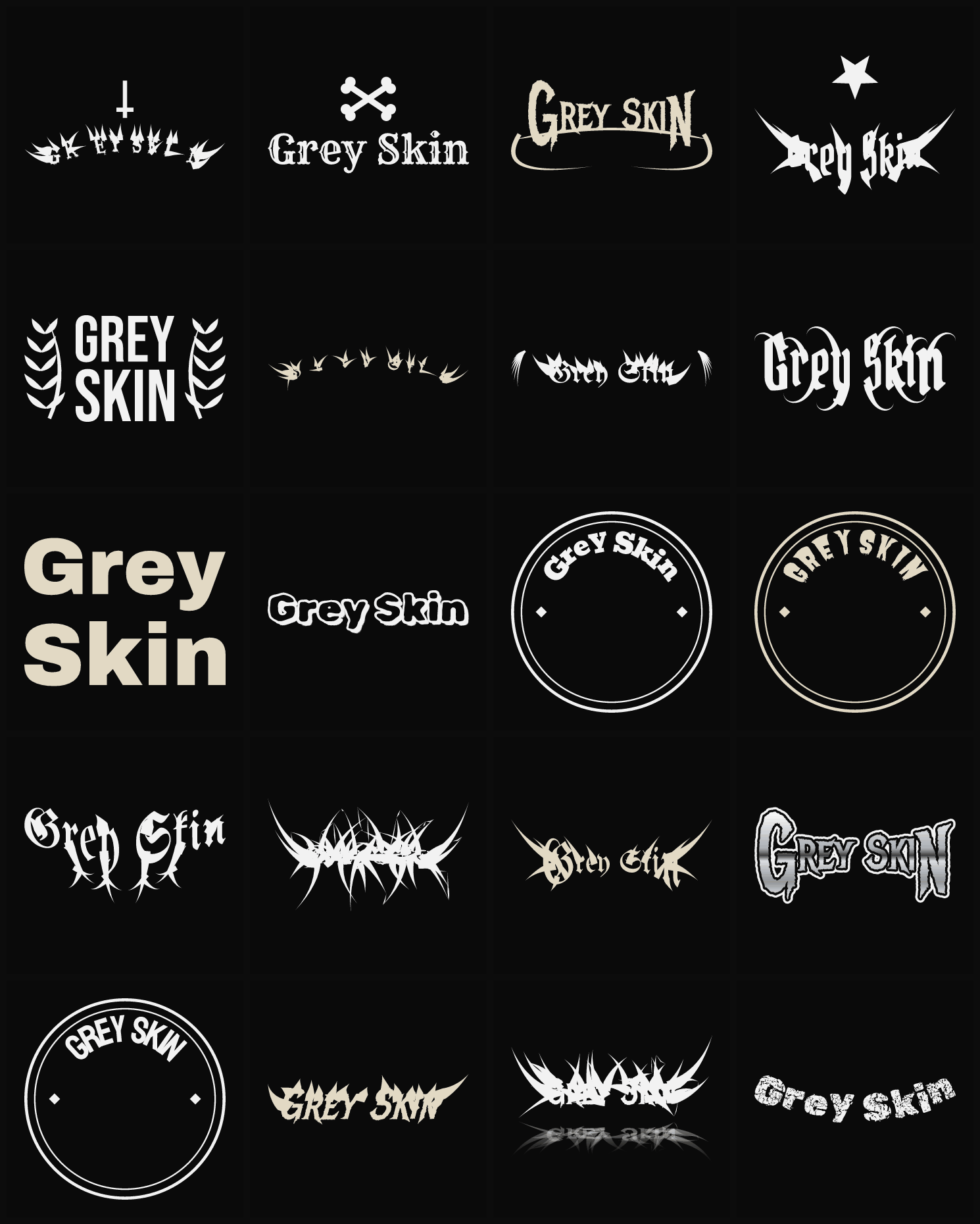 Twenty Grey Skin band logo ideas — different faces, treatments and spike settings