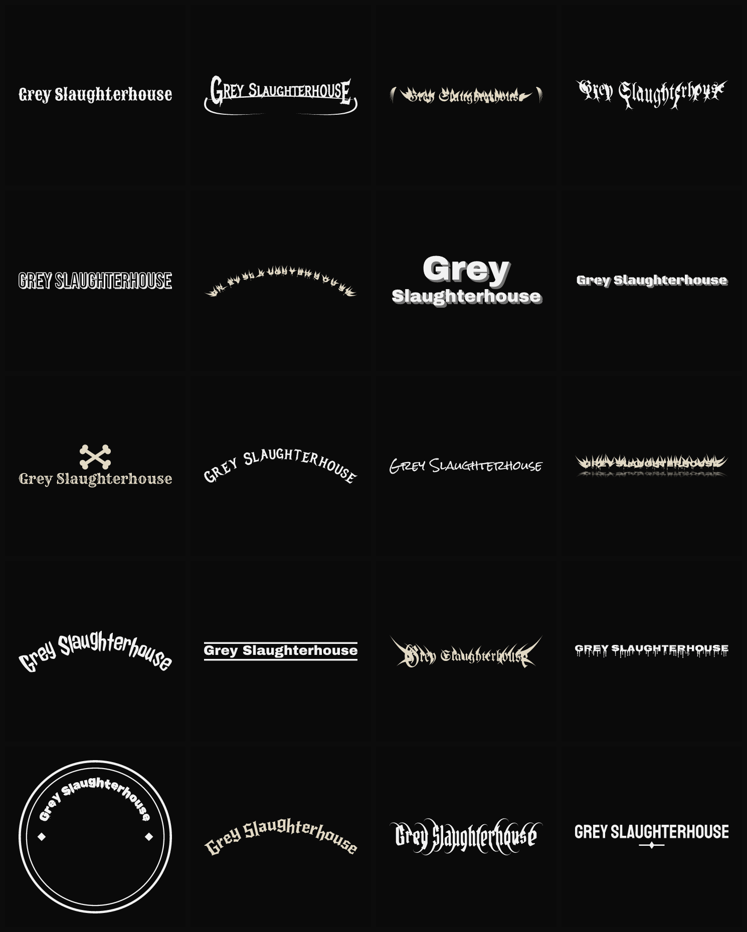 Twenty Grey Slaughterhouse band logo ideas — different faces, treatments and spike settings
