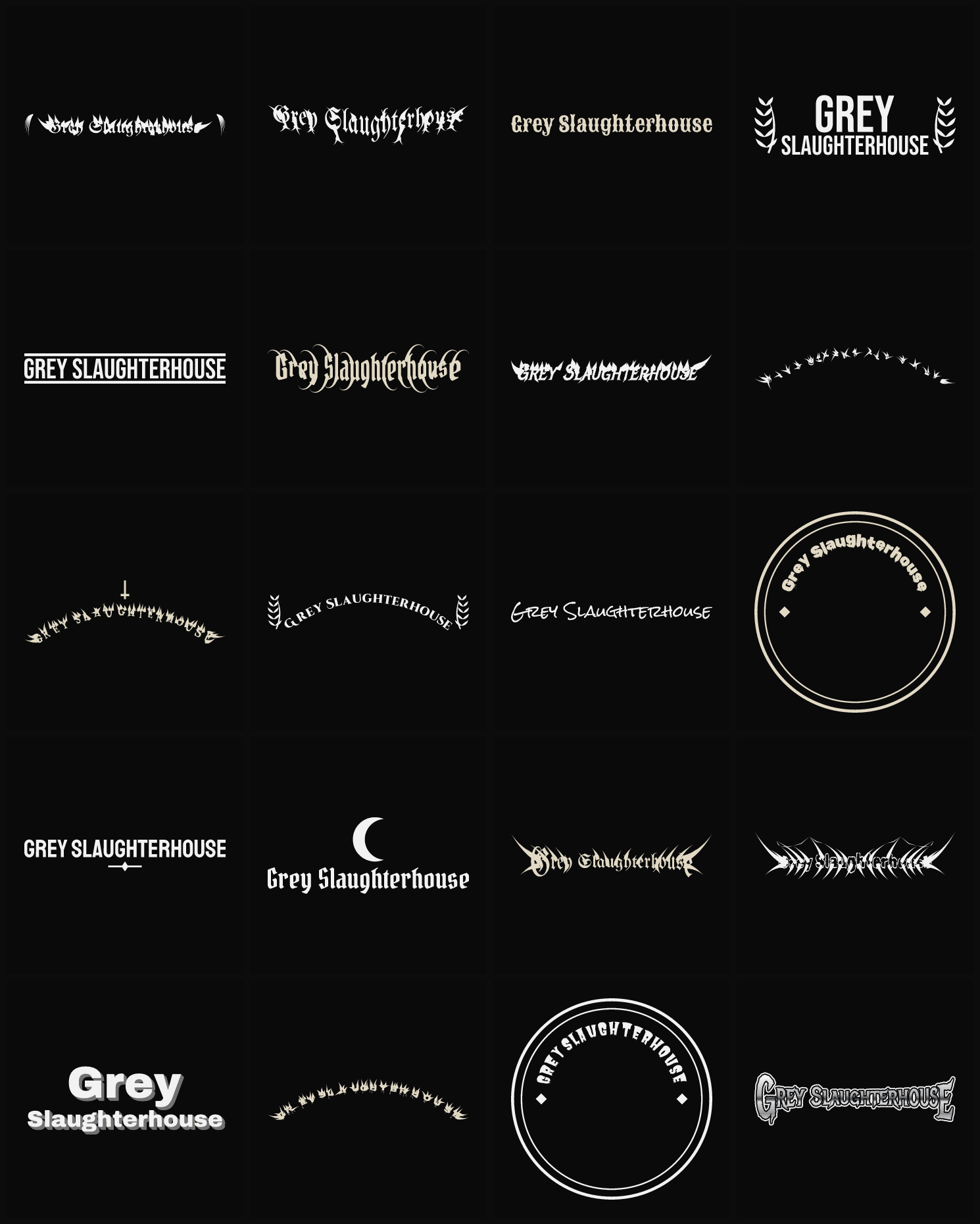 Twenty Grey Slaughterhouse band logo ideas — different faces, treatments and spike settings