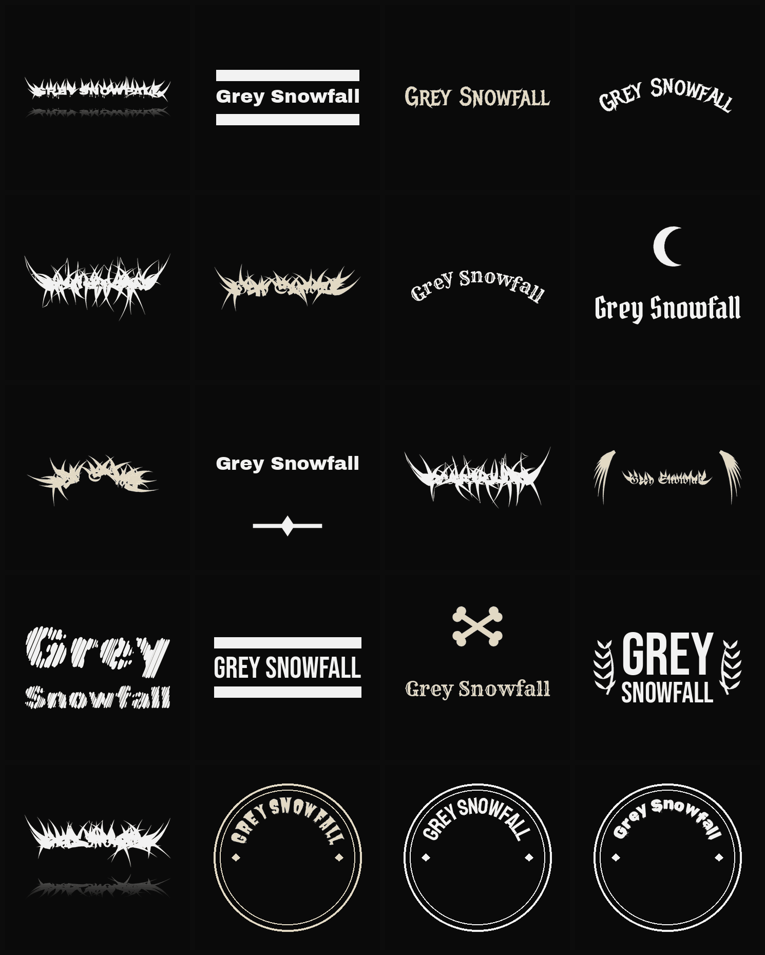 Twenty Grey Snowfall band logo ideas — different faces, treatments and spike settings