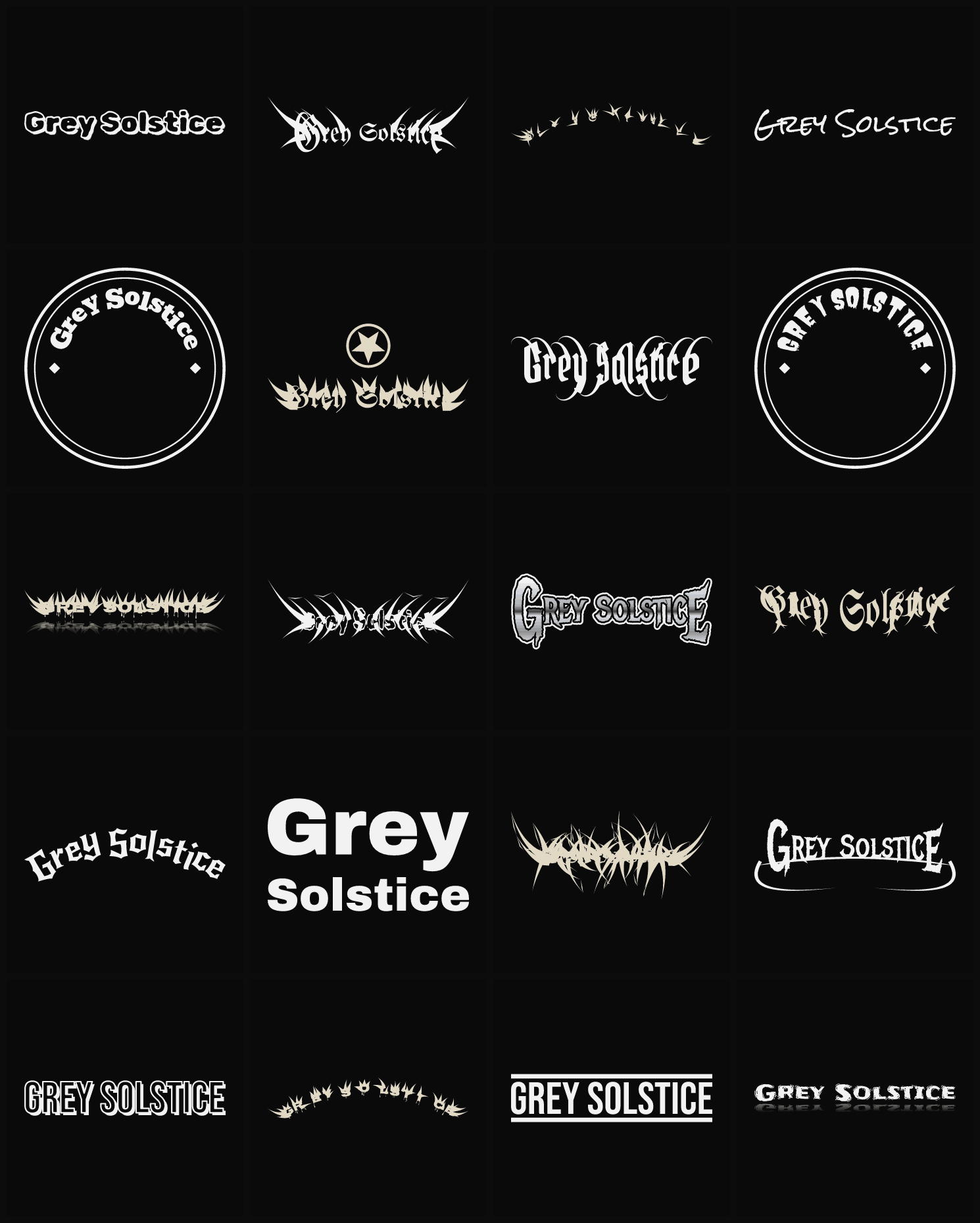Twenty Grey Solstice band logo ideas — different faces, treatments and spike settings