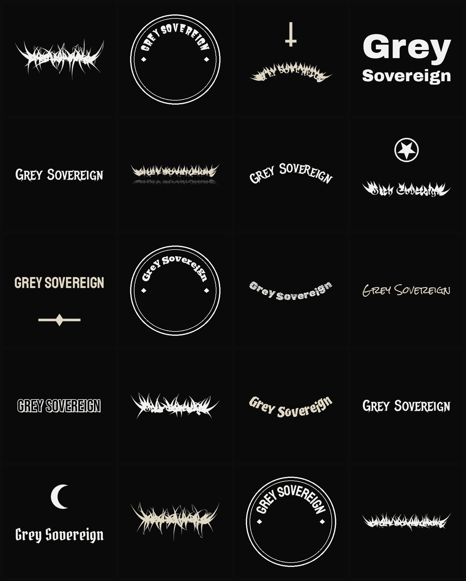 Twenty Grey Sovereign band logo ideas — different faces, treatments and spike settings
