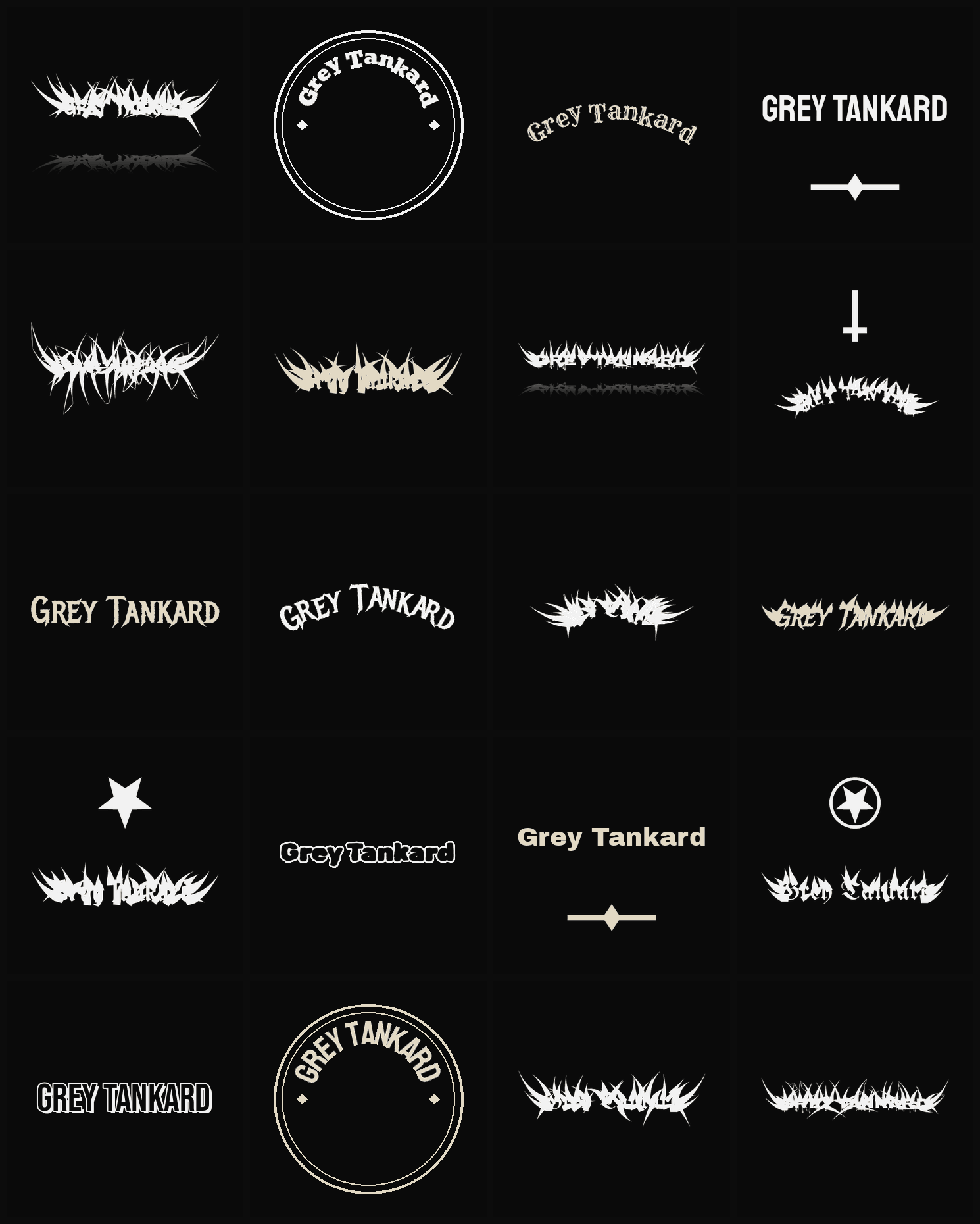 Twenty Grey Tankard band logo ideas — different faces, treatments and spike settings