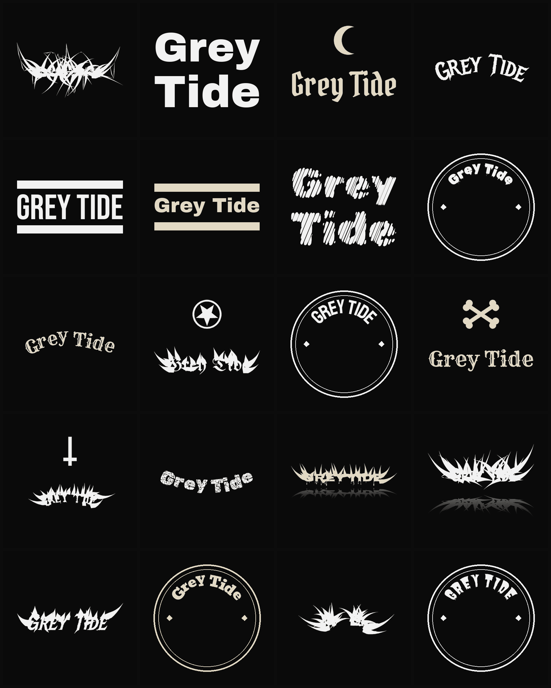 Twenty Grey Tide band logo ideas — different faces, treatments and spike settings