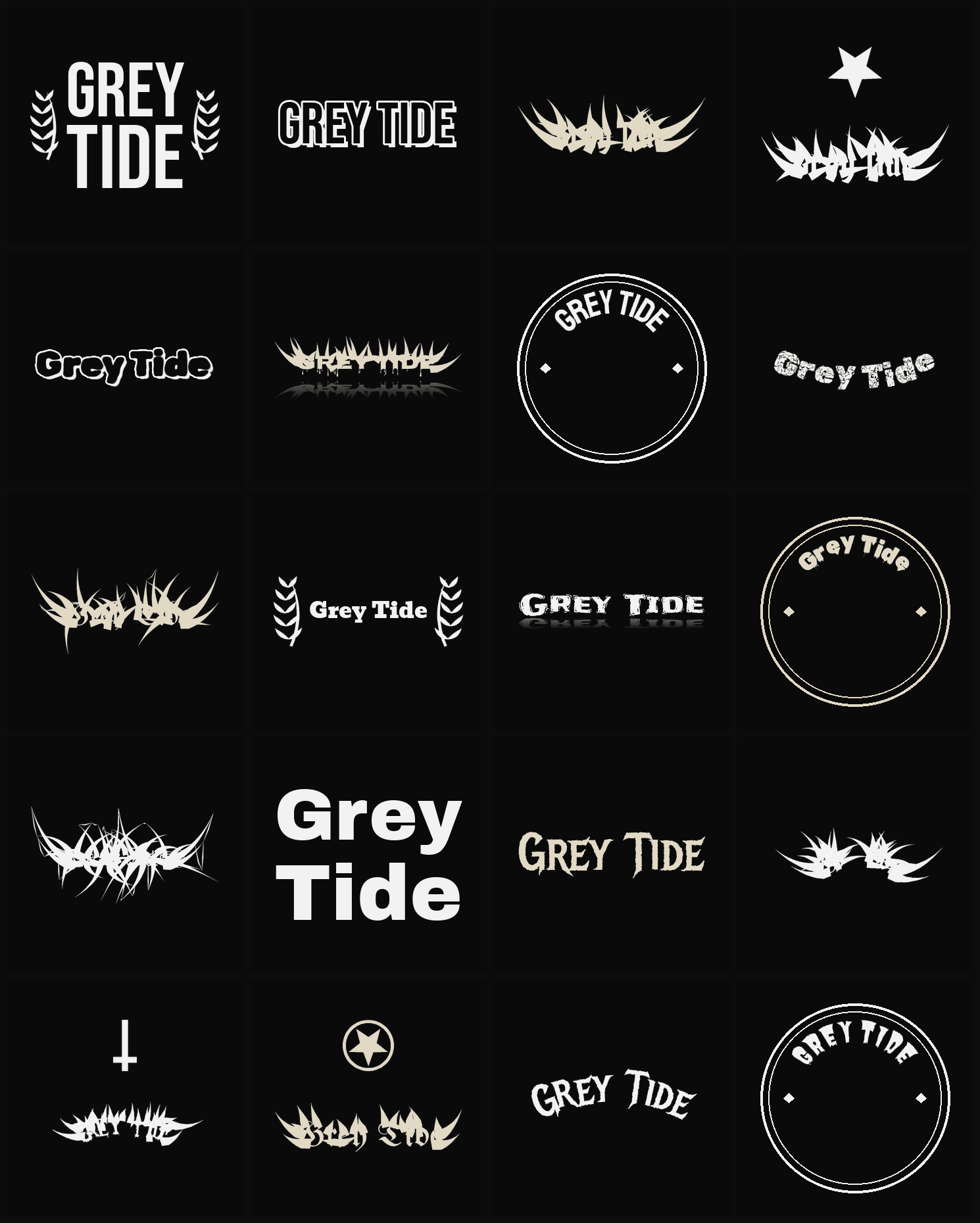 Twenty Grey Tide band logo ideas — different faces, treatments and spike settings