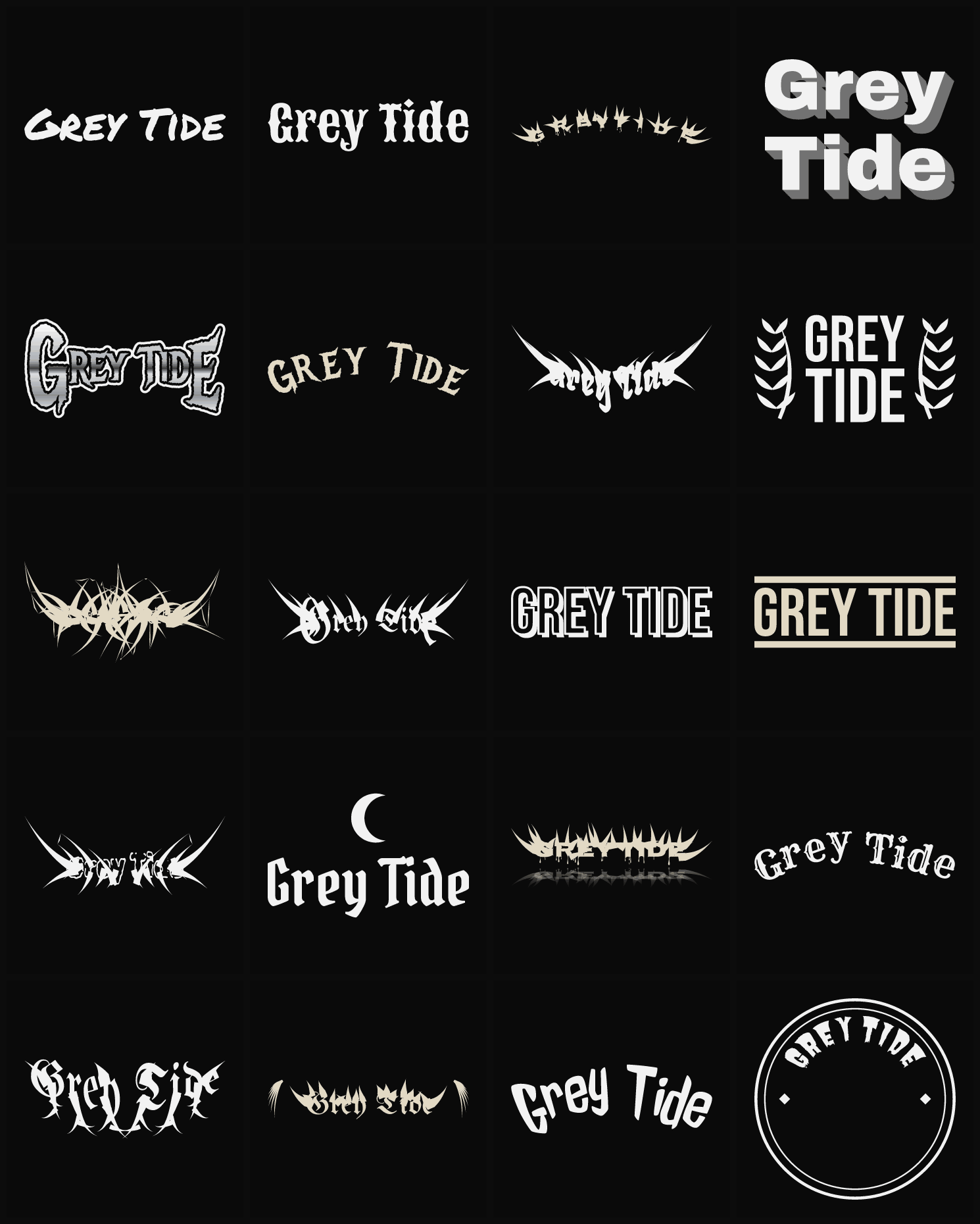Twenty Grey Tide band logo ideas — different faces, treatments and spike settings