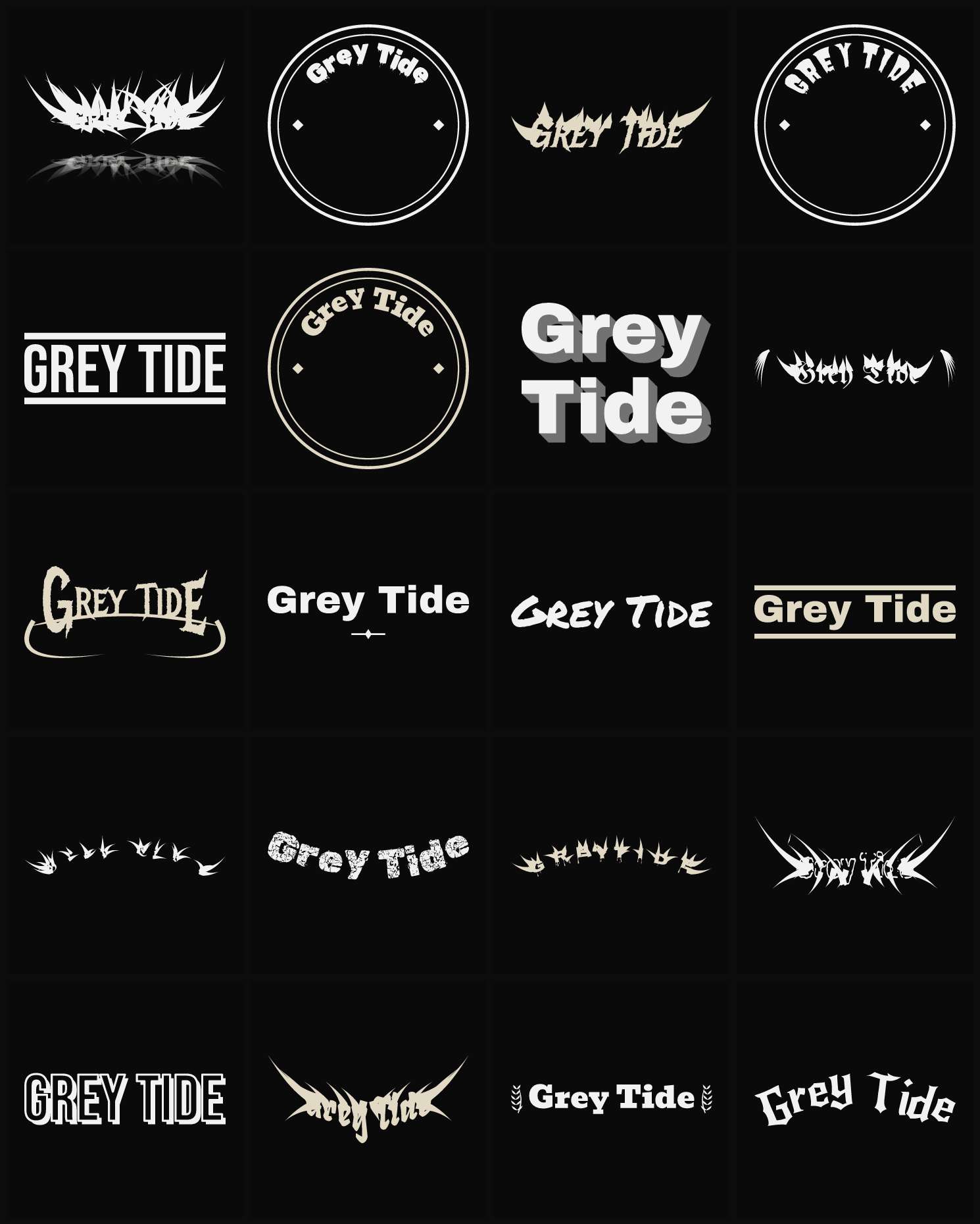 Twenty Grey Tide band logo ideas — different faces, treatments and spike settings