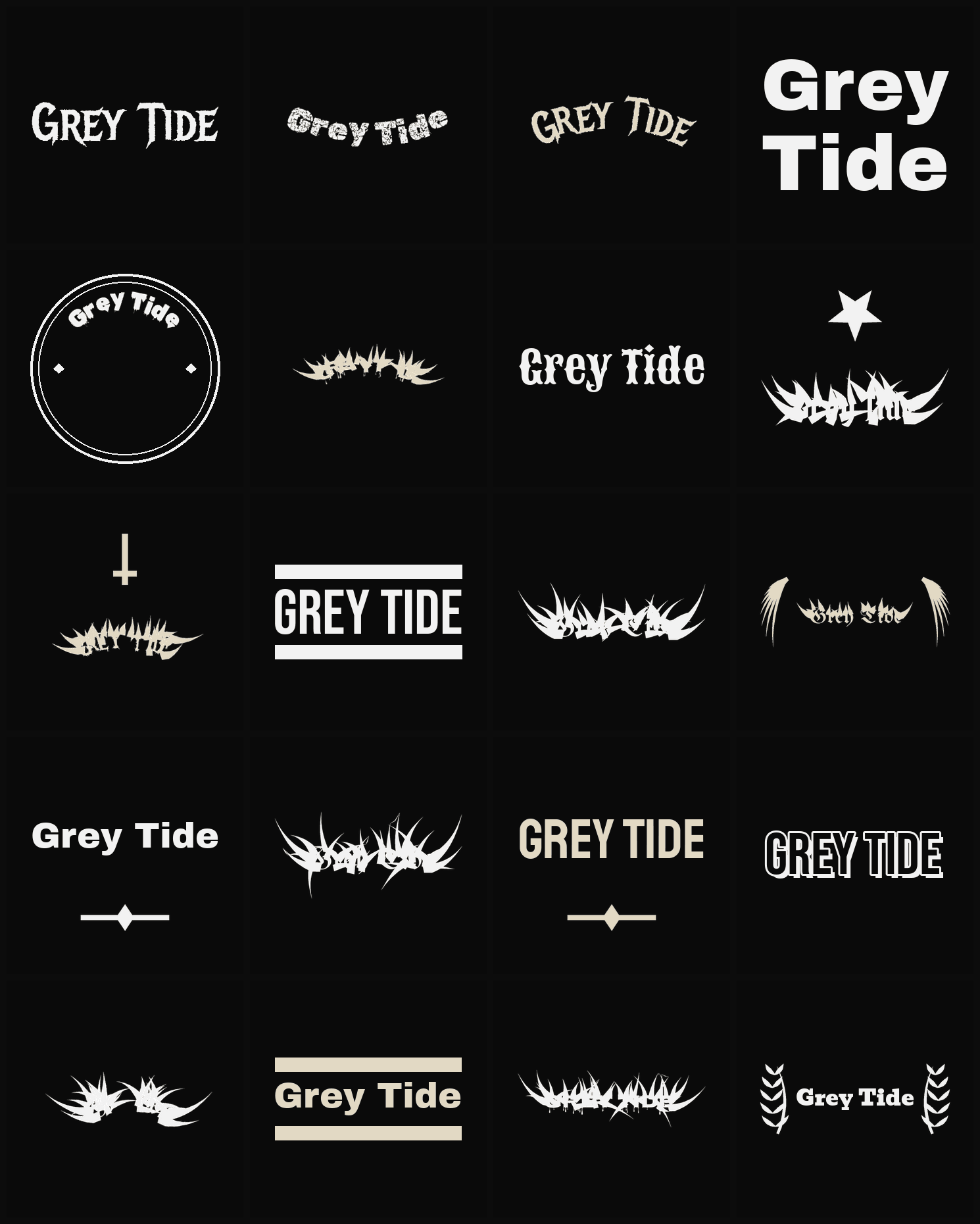 Twenty Grey Tide band logo ideas — different faces, treatments and spike settings