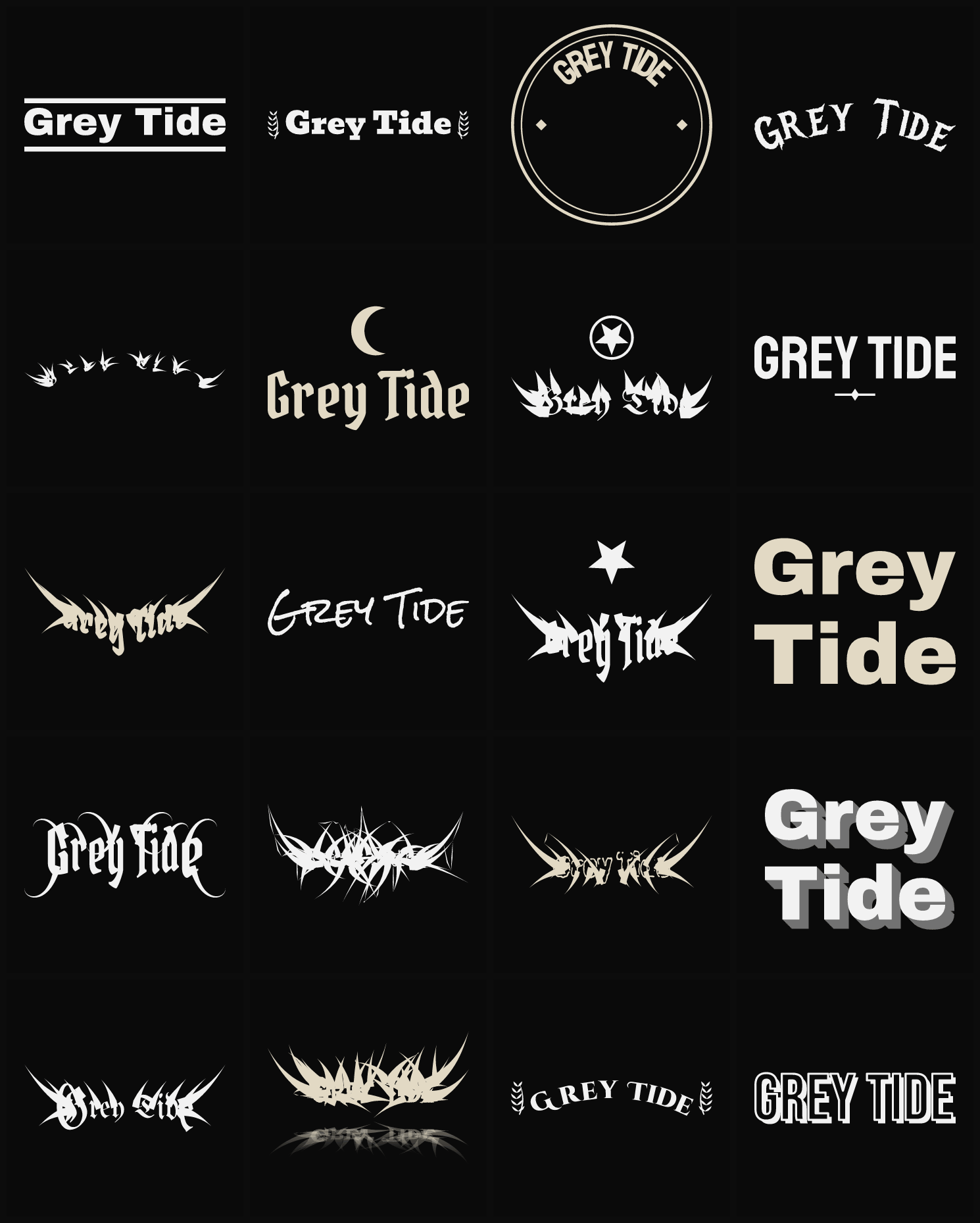 Twenty Grey Tide band logo ideas — different faces, treatments and spike settings
