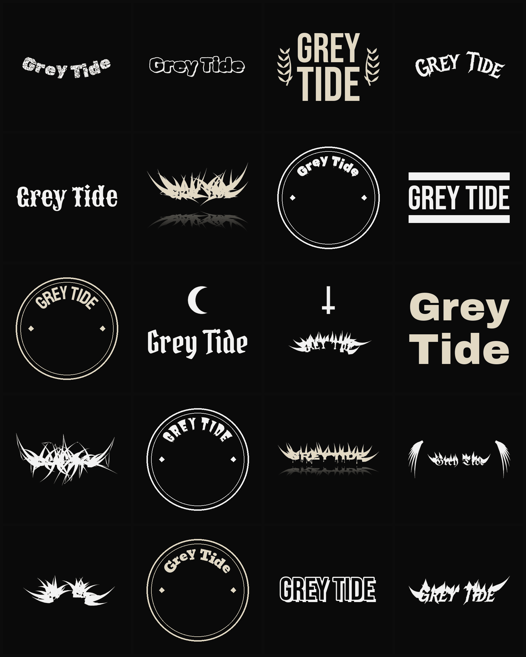 Twenty Grey Tide band logo ideas — different faces, treatments and spike settings