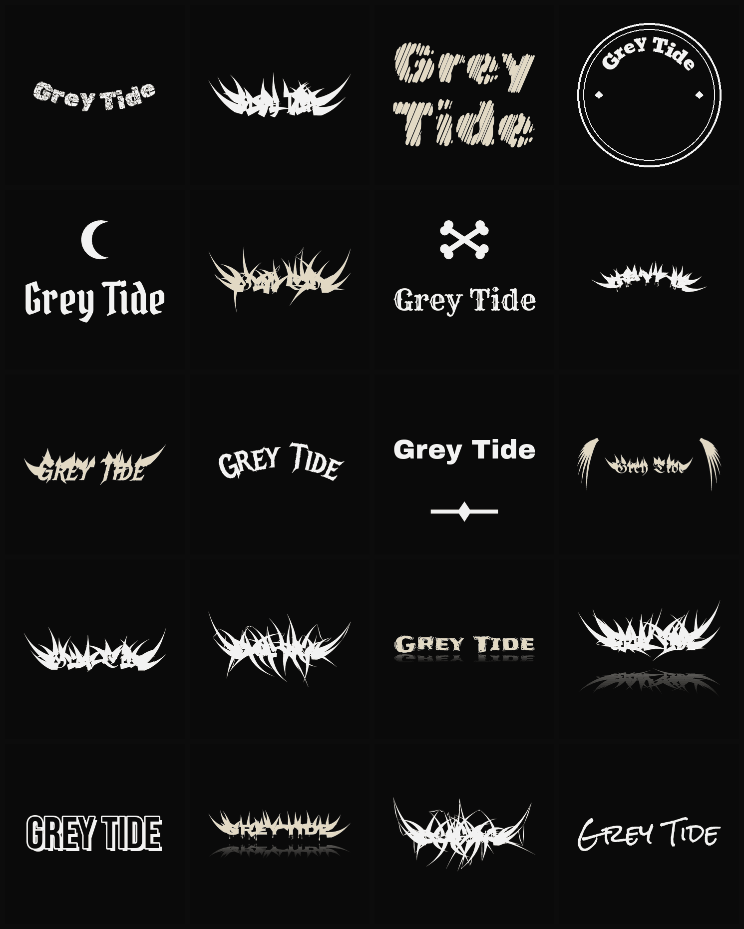 Twenty Grey Tide band logo ideas — different faces, treatments and spike settings