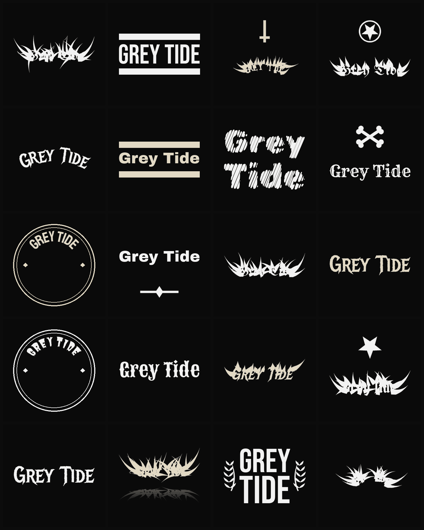 Twenty Grey Tide band logo ideas — different faces, treatments and spike settings