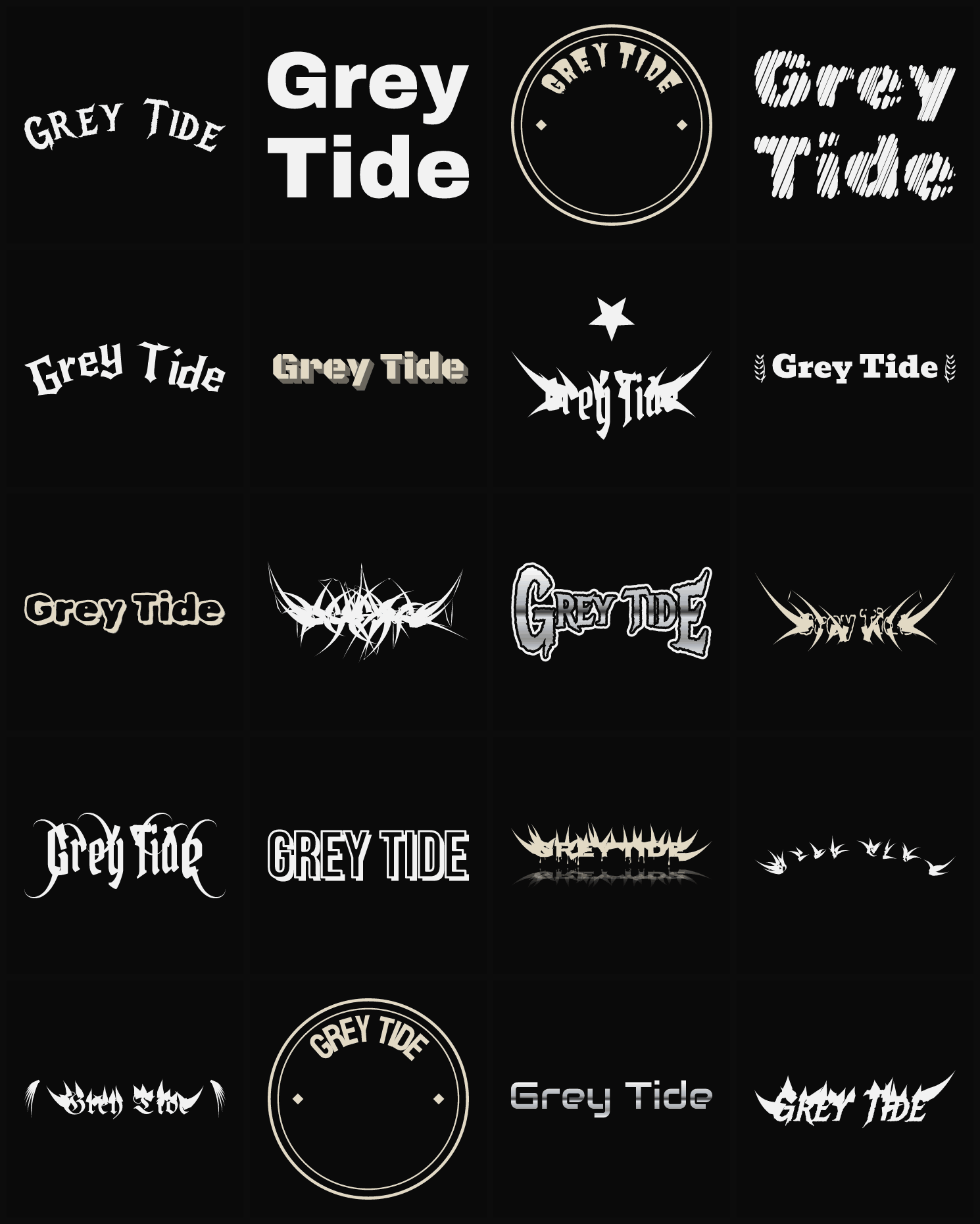 Twenty Grey Tide band logo ideas — different faces, treatments and spike settings