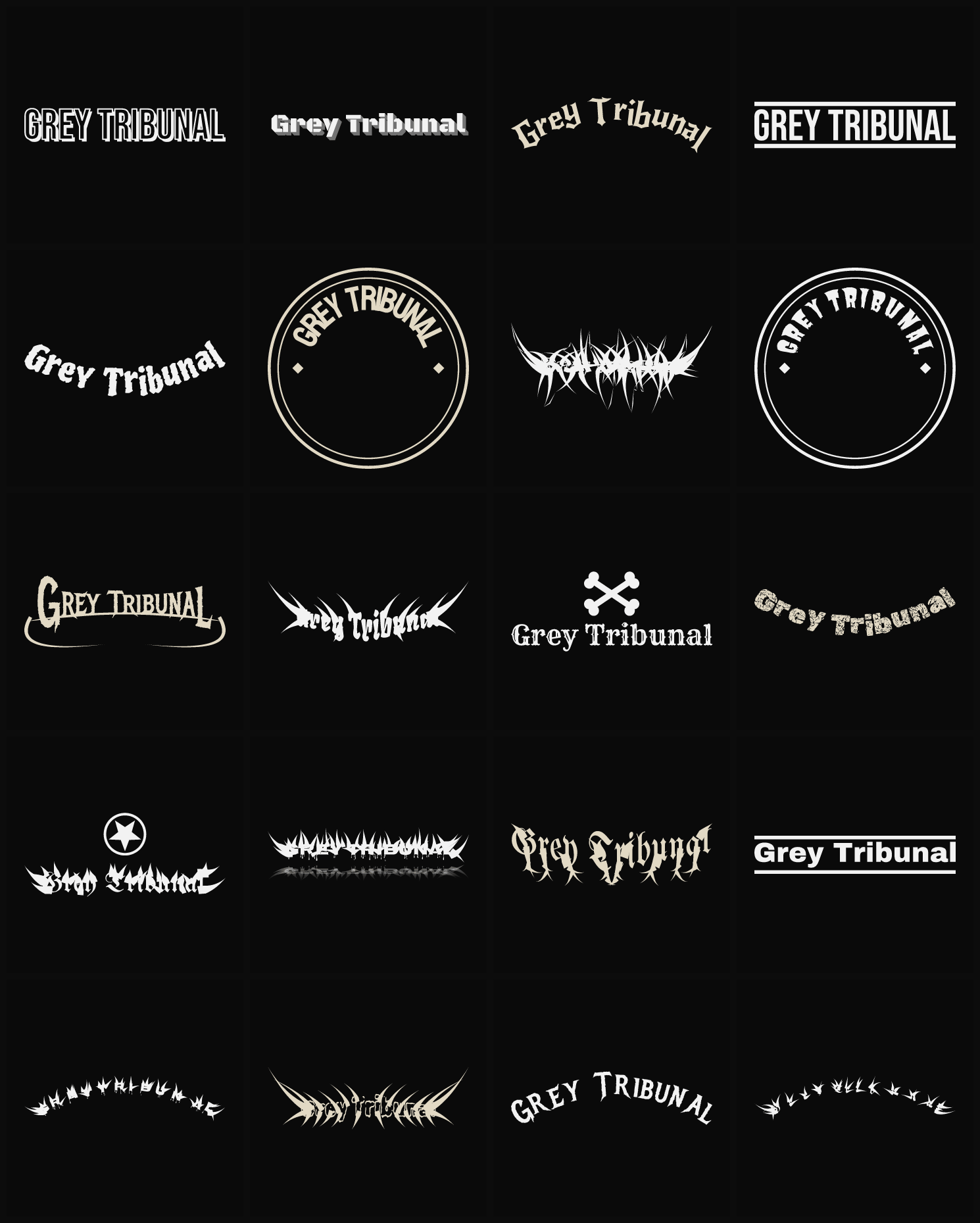 Twenty Grey Tribunal band logo ideas — different faces, treatments and spike settings