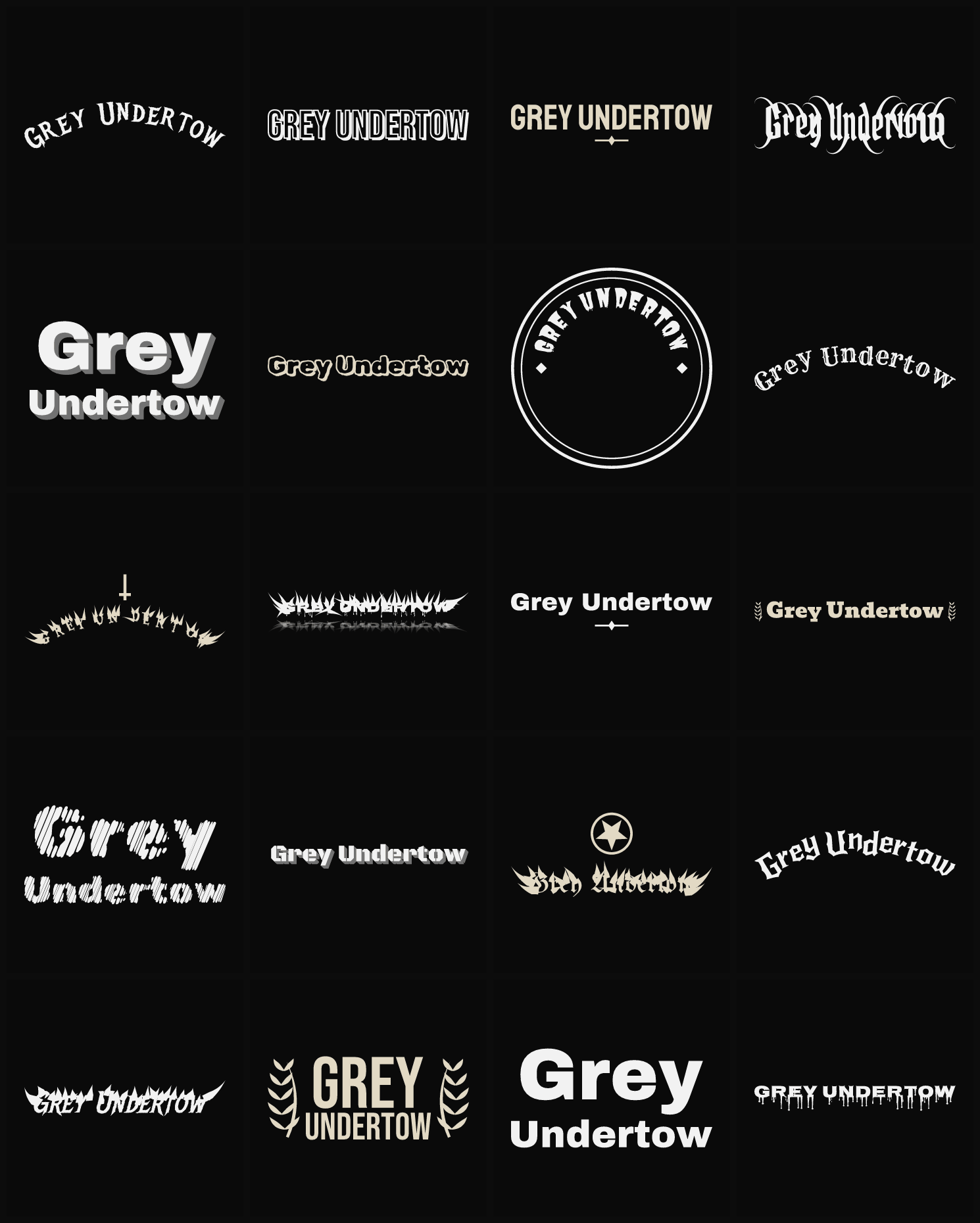 Twenty Grey Undertow band logo ideas — different faces, treatments and spike settings