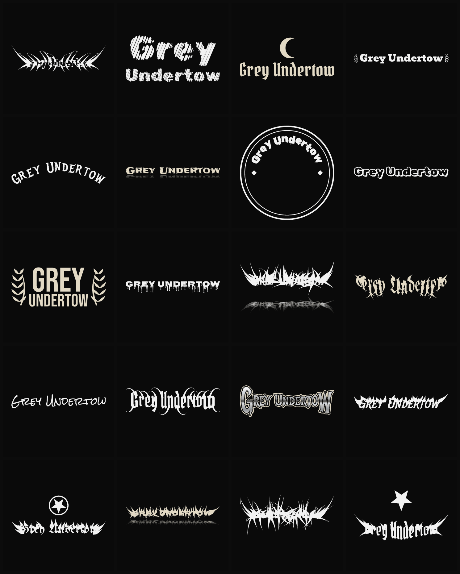 Twenty Grey Undertow band logo ideas — different faces, treatments and spike settings