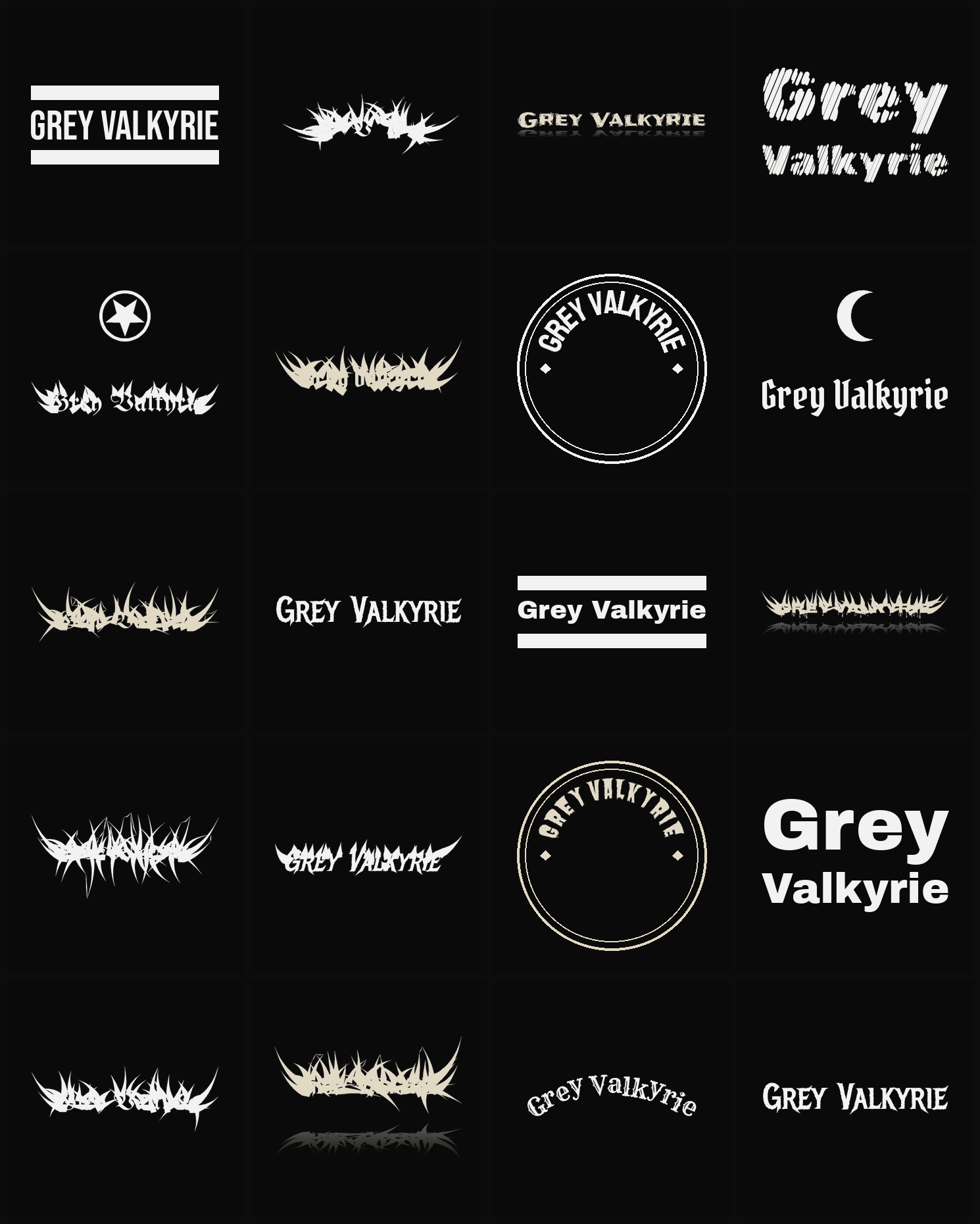 Twenty Grey Valkyrie band logo ideas — different faces, treatments and spike settings