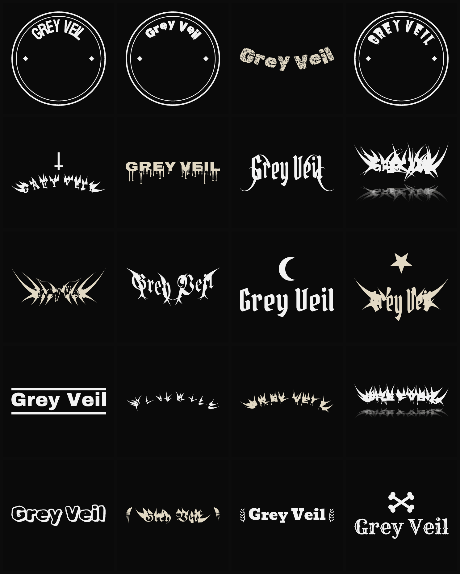 Twenty Grey Veil band logo ideas — different faces, treatments and spike settings