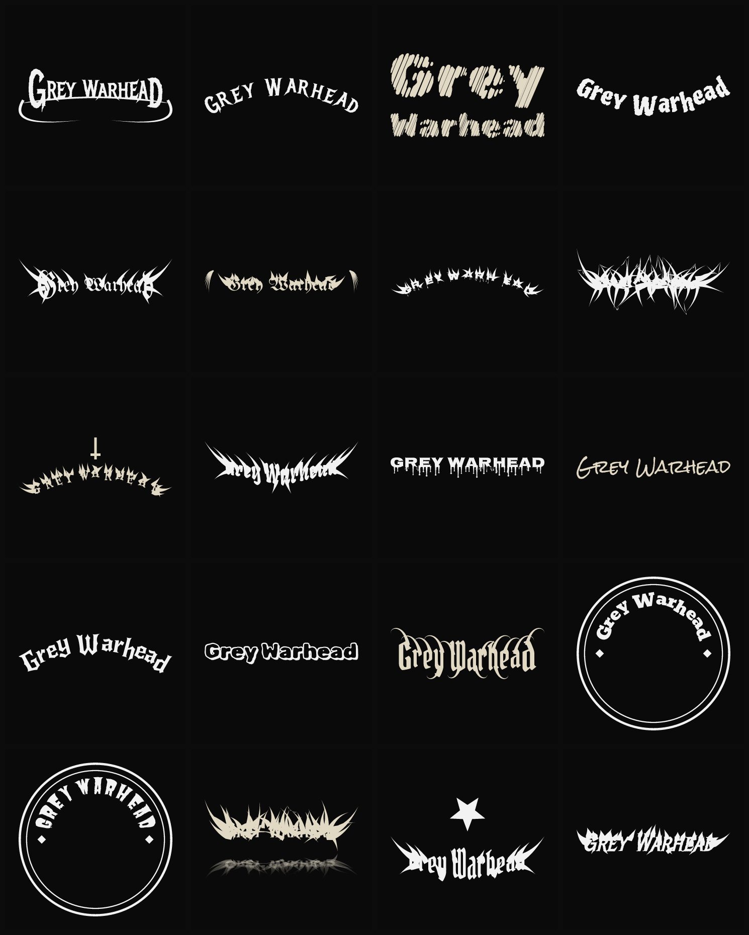 Twenty Grey Warhead band logo ideas — different faces, treatments and spike settings