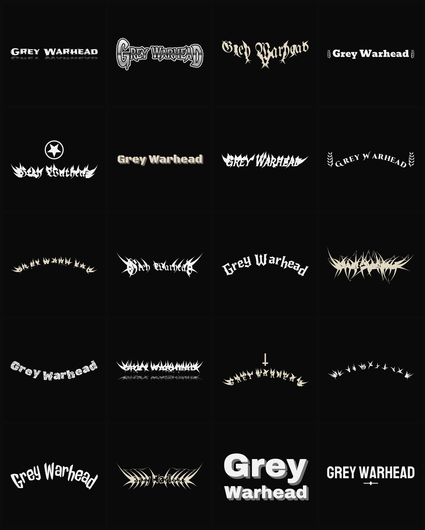 Twenty Grey Warhead band logo ideas — different faces, treatments and spike settings