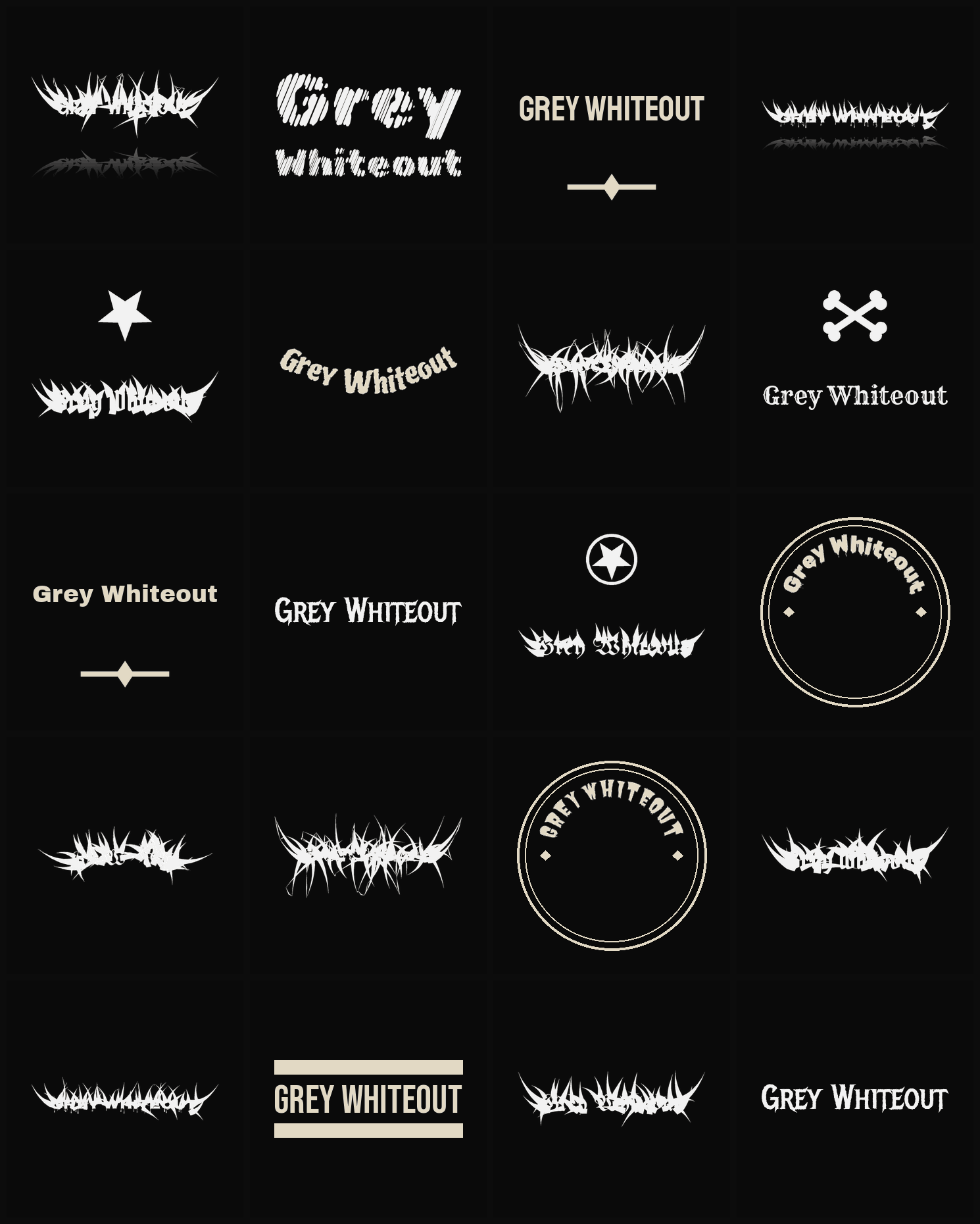 Twenty Grey Whiteout band logo ideas — different faces, treatments and spike settings