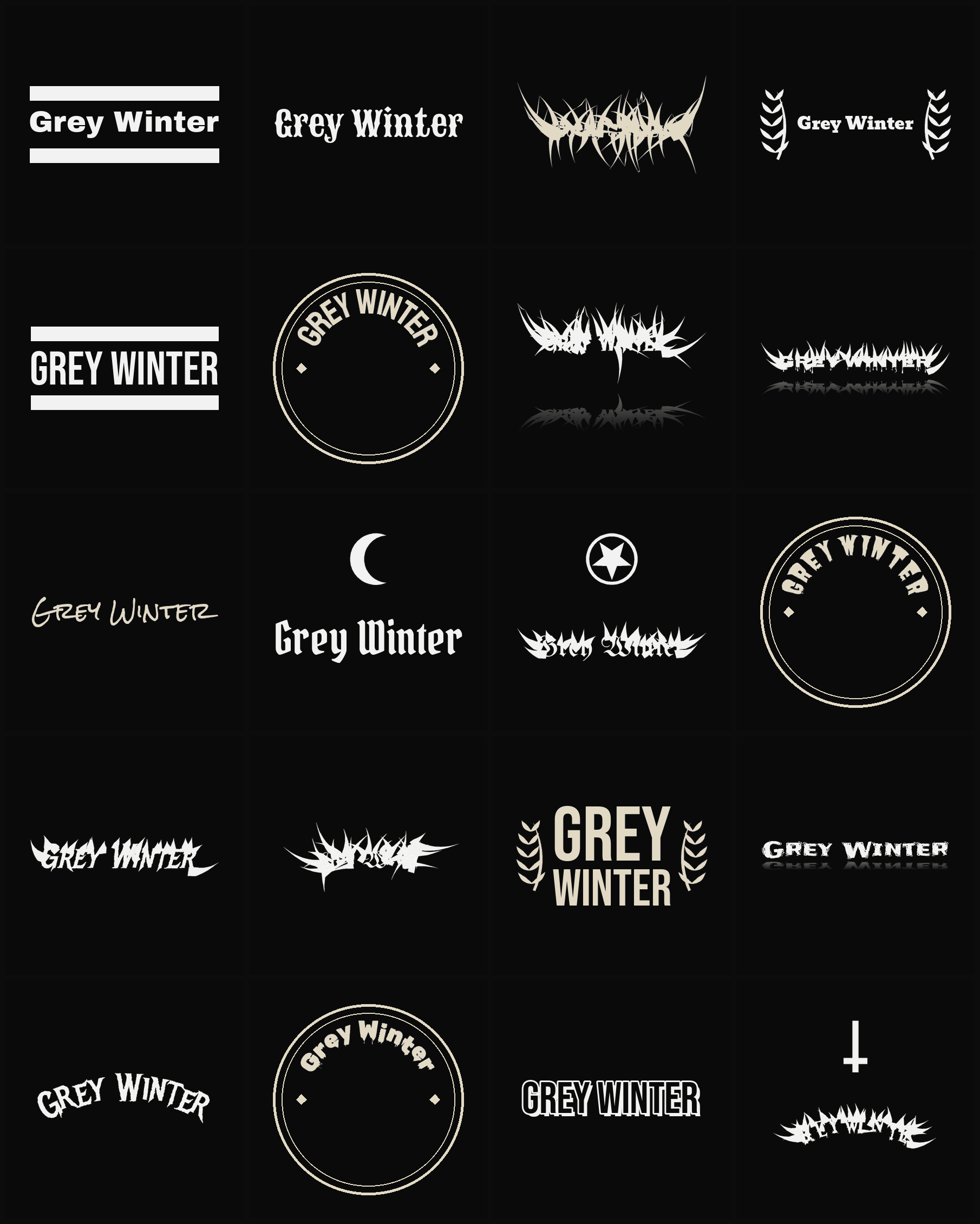 Twenty Grey Winter band logo ideas — different faces, treatments and spike settings