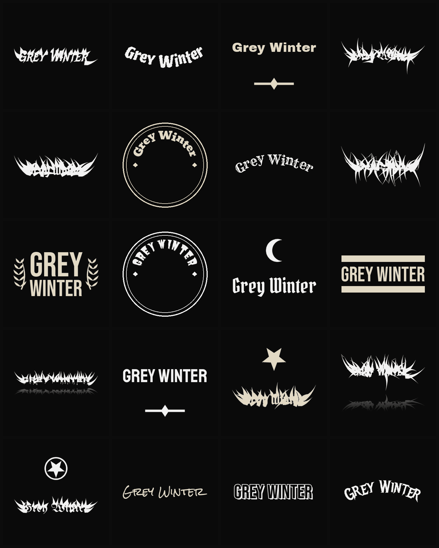 Twenty Grey Winter band logo ideas — different faces, treatments and spike settings