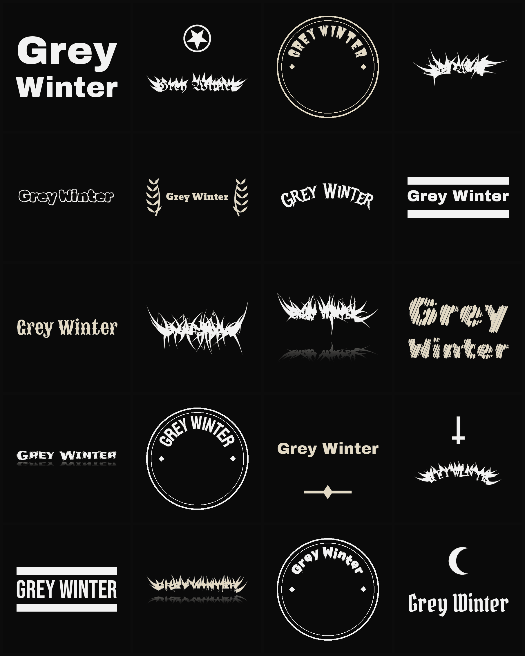 Twenty Grey Winter band logo ideas — different faces, treatments and spike settings