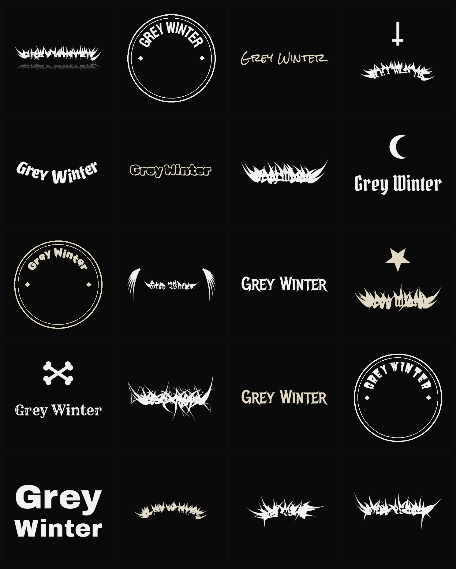Twenty Grey Winter band logo ideas — different faces, treatments and spike settings