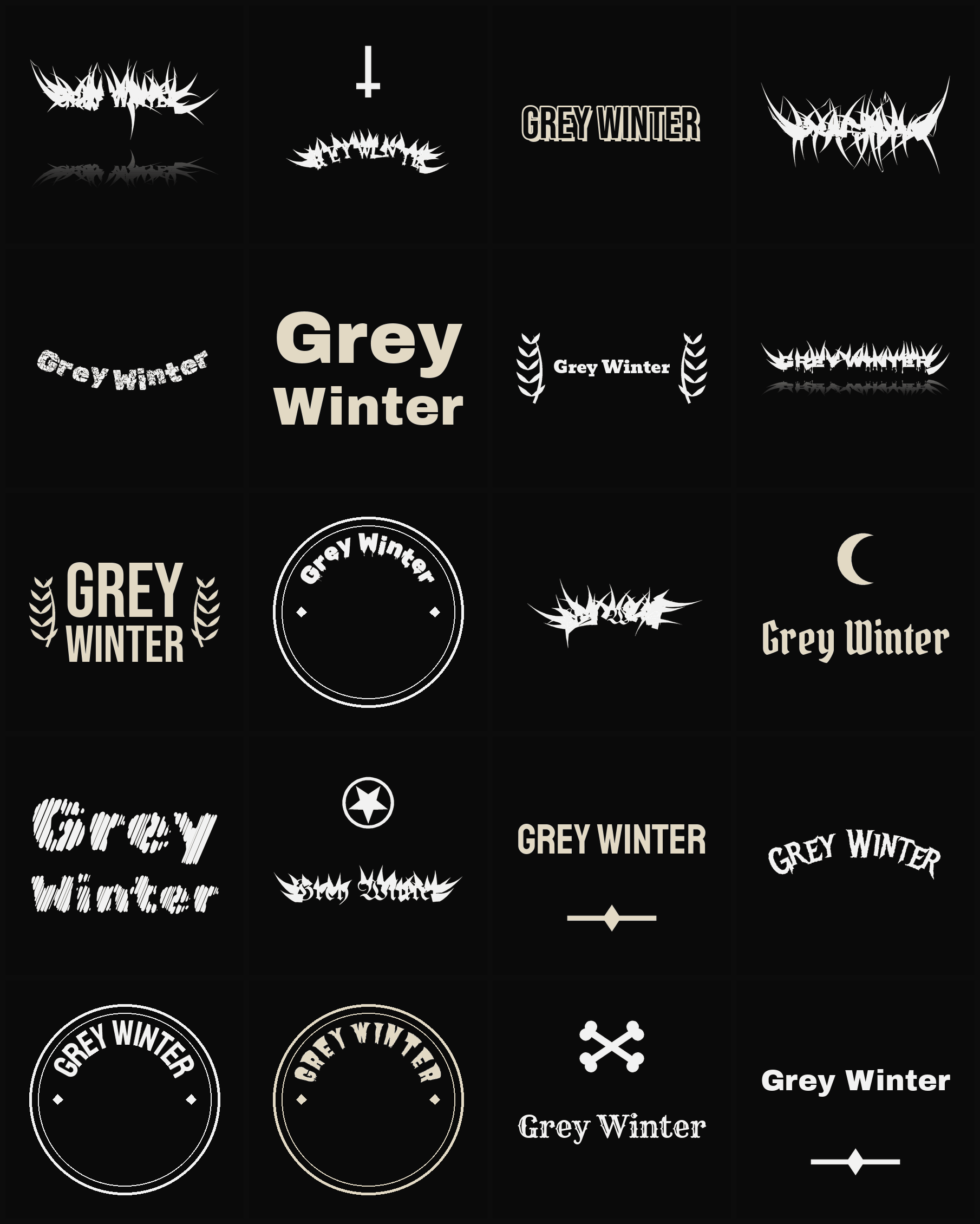 Twenty Grey Winter band logo ideas — different faces, treatments and spike settings